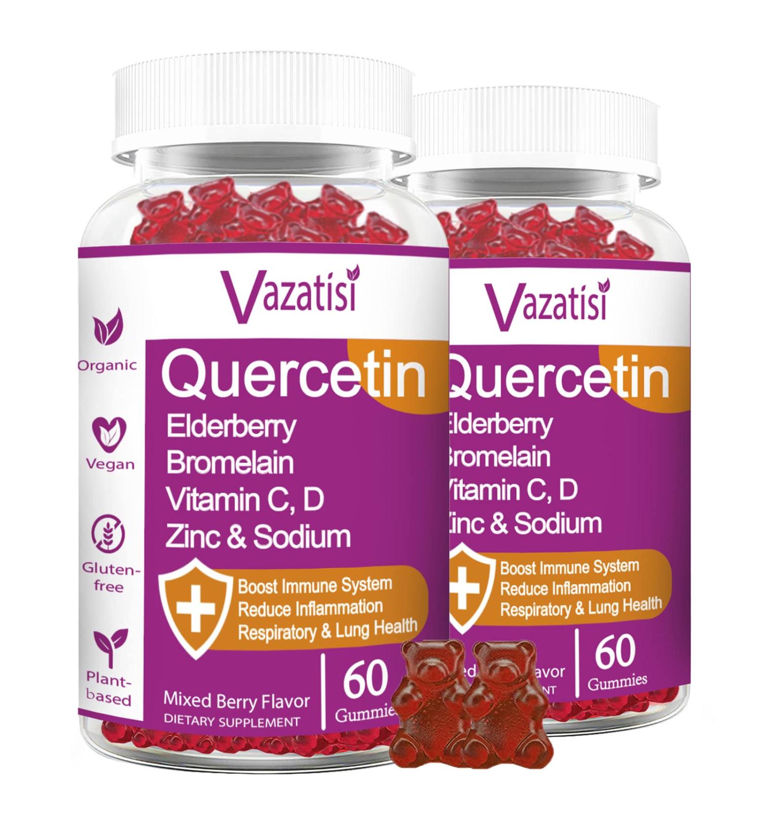 Organic Quercetin Gummies with Vitamin C, Zinc & Elderberry - Immune Support for Adults & Kids - 120 Vegan Chewable Gummies - Pack of 2 - Buy Online on GoSupps.com
