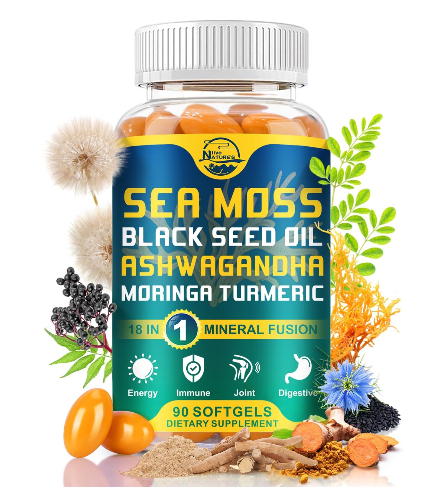 Nature's live Organic Sea Moss Softgels, with Black Seed Oil, Ashwagandha, Bladderwrack, Ginger, Burdock Root, Manuka Honey, Cinnamon for Immune System, Skin, Energy, 90 Softgels, 1 Pack 90 Count (Pack of 1) - Buy Online on GoSupps.com
