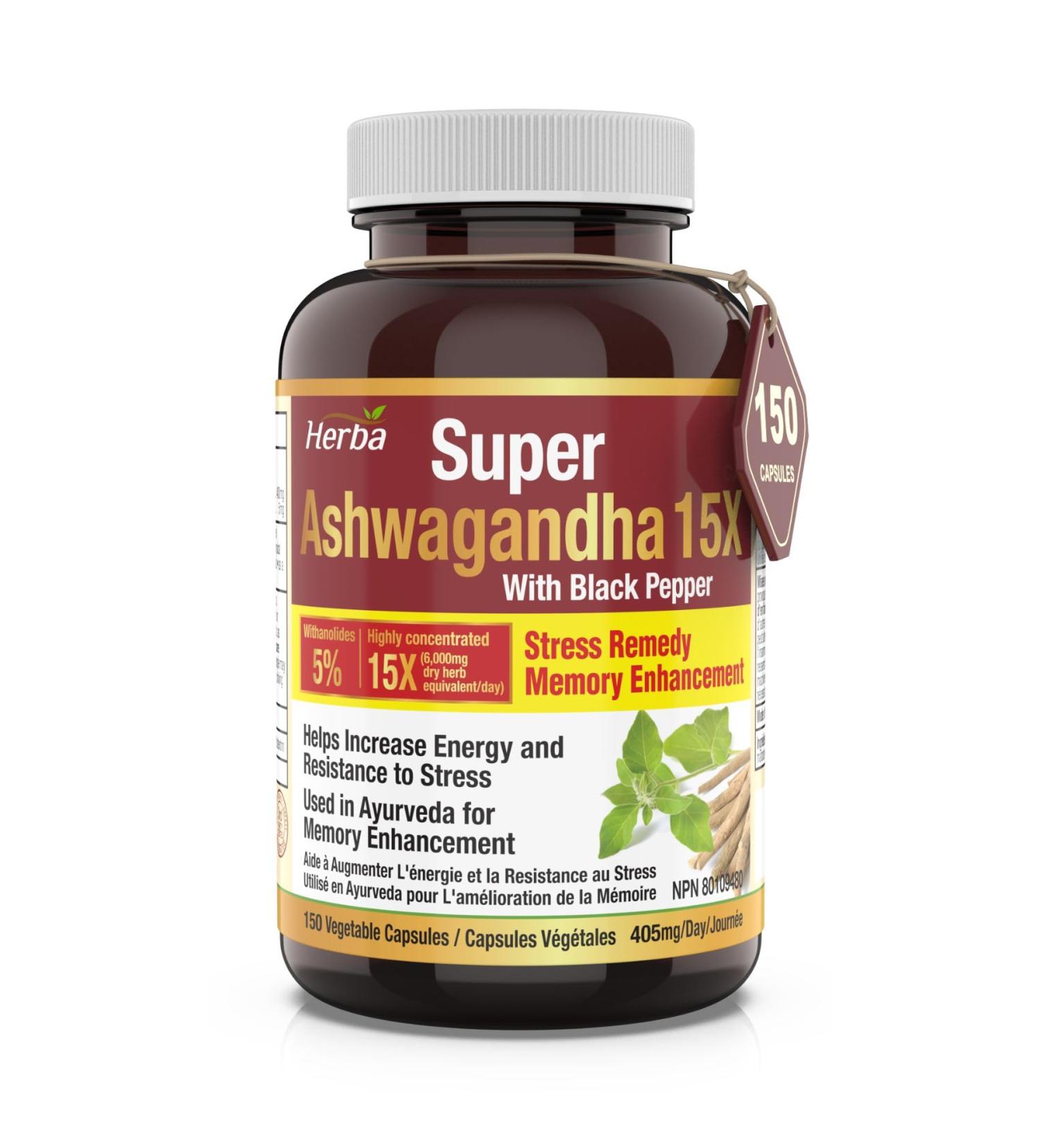 Herba Ashwagandha Supplement - 150 Capsules | 6000mg Per Day | 15:1 Extra Strength Ashwagandha Capsule with Black Pepper | Adaptogen for Energy & Stress | Made in Canada - Buy Online on GoSupps.com