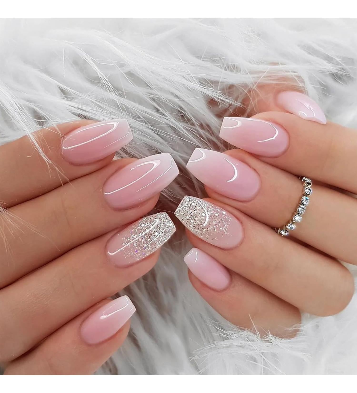 Shop 24pcs Medium Length Pink Gradient Square Press-On Nails with Glitter | Full Cover Glossy Fake Nails & Glue for Women - Buy Online on GoSupps.com