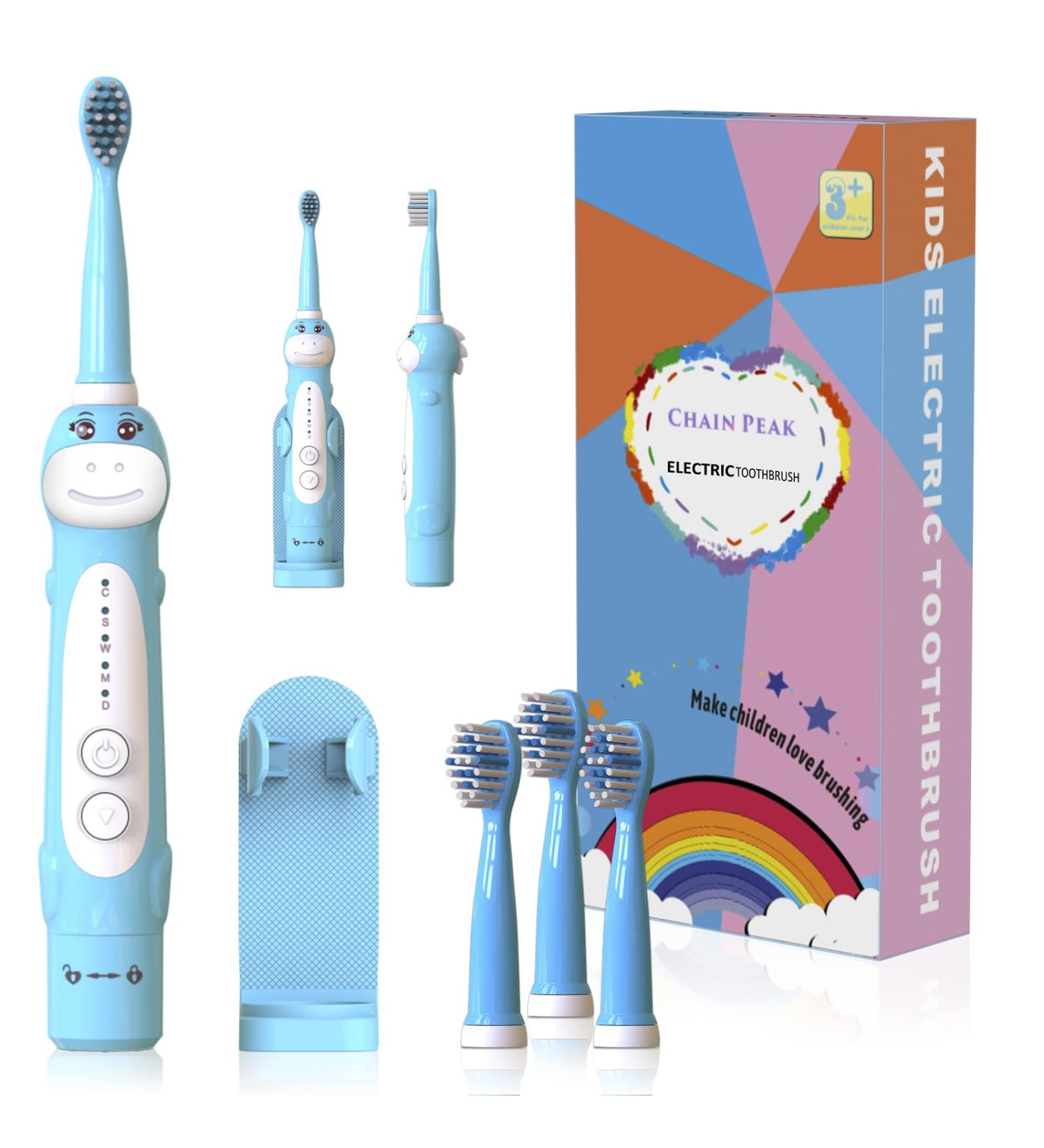 Dinosaur Electric Toothbrush for Kids | Sonic Toothbrush with Timer & Reminder | Rechargeable | Ages 3-12 | 5 Modes | Blue | Includes 4 Brush Heads & Wall-Mounted Holder - Buy Online on GoSupps.com