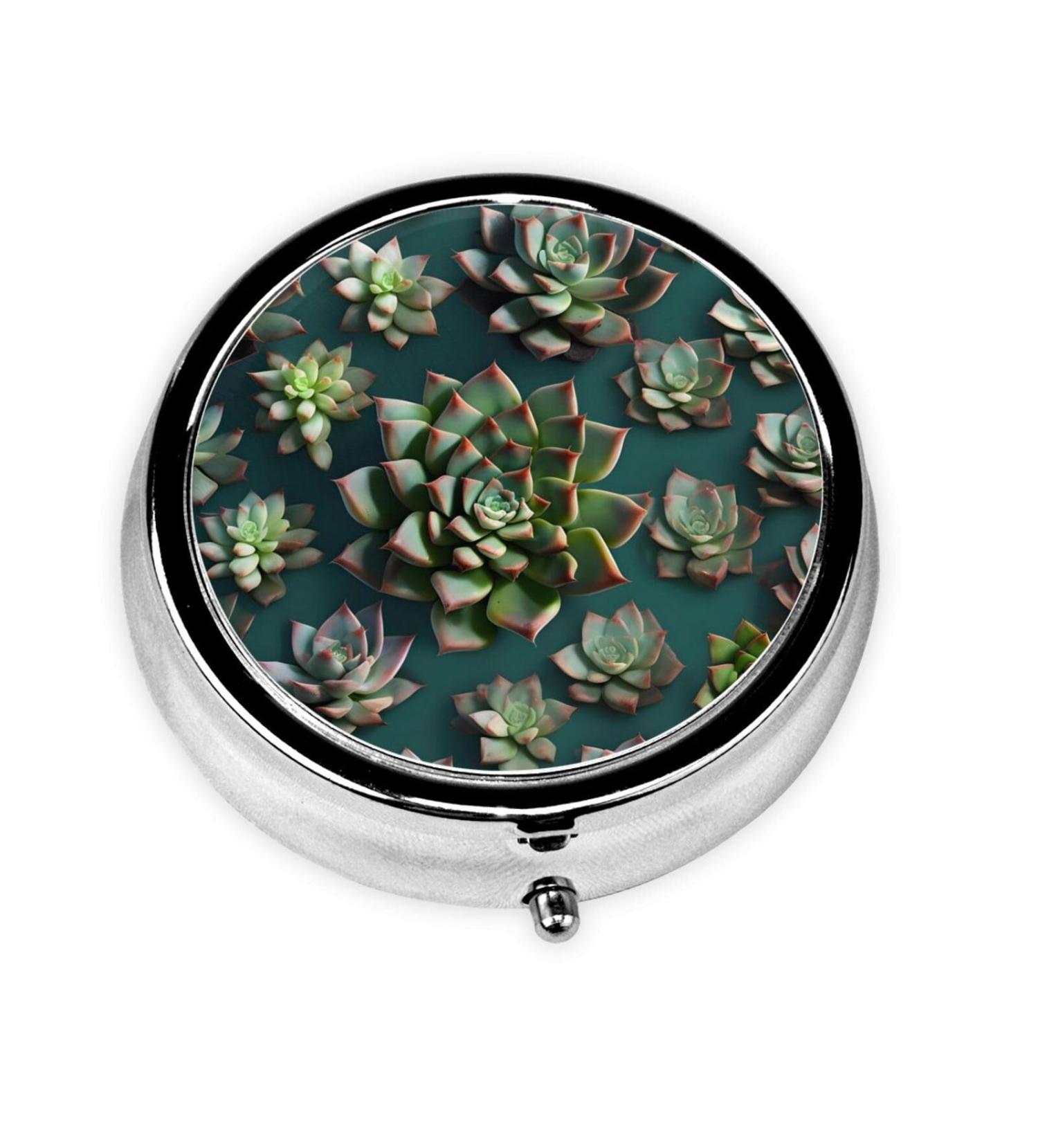 Many Succulents Round Pill Box - 3 Compartment Organizer | Portable Travel Pill Box for Easy Packing - Buy Online on GoSupps.com