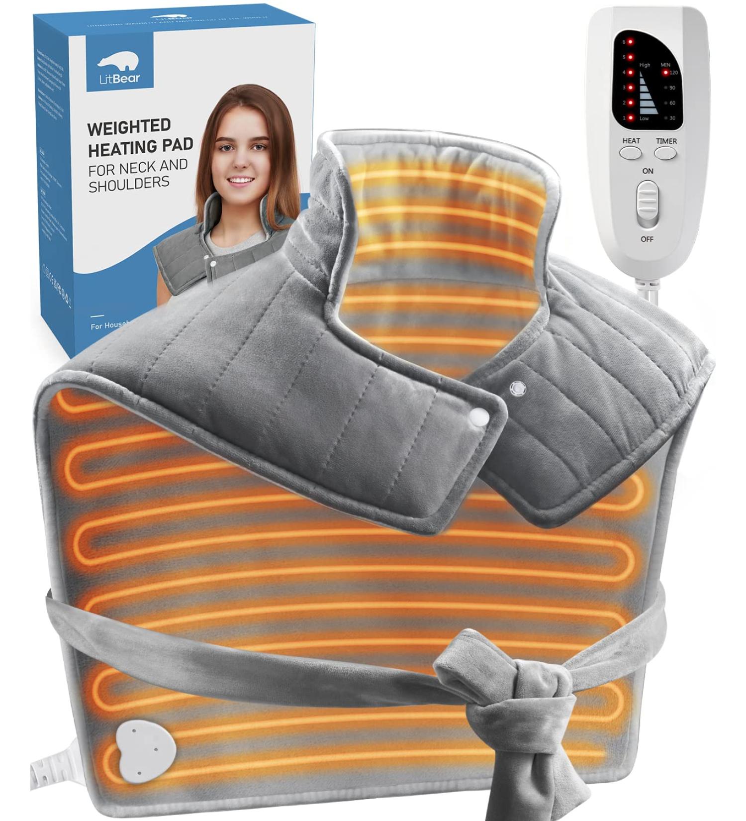 LitBear Weighted Heating Pad for Neck and Shoulders - XL Electric Heat Wrap for Back Pain Relief - Adjustable Neck Band & Waist Strap - Auto-Off - 6 Heat Levels - 23.5 x 24in, 2.5lbs - Grey - Buy Online on GoSupps.com