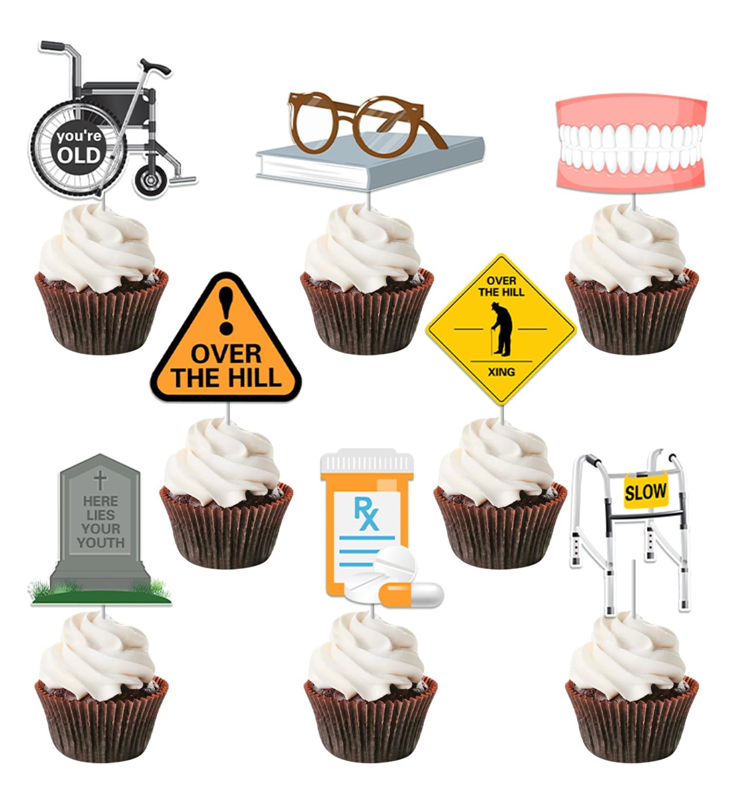 36 Pieces Over The Hill Cupcake Toppers Old Age Cake Decorations Funny Over The Hill Birthday Decor Old People Retirement Party Supplies - Buy Online on GoSupps.com