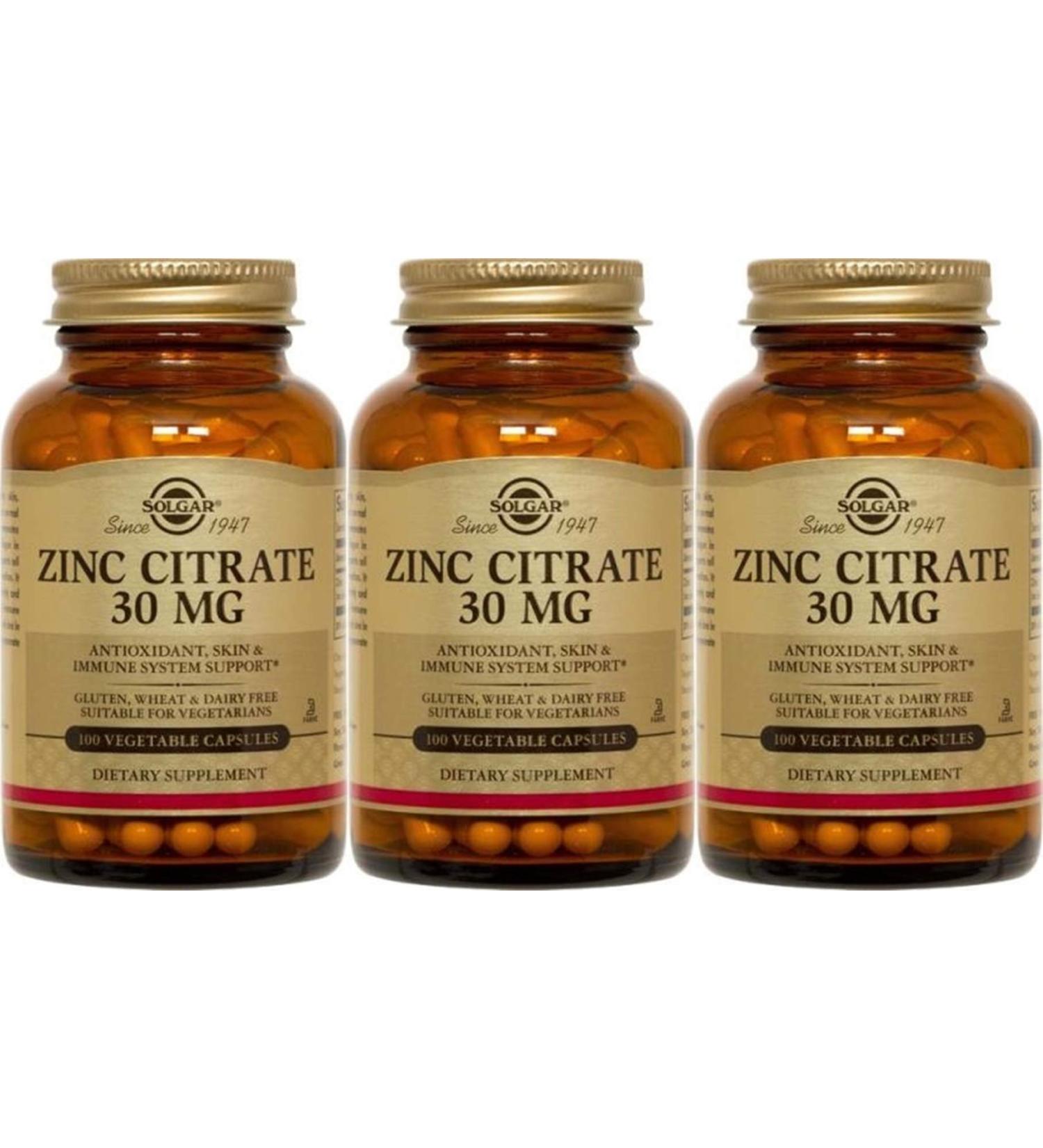 Solgar Zinc Citrate 30 mg 100 Vegetable Capsules (1 Pack of 3 bottles)