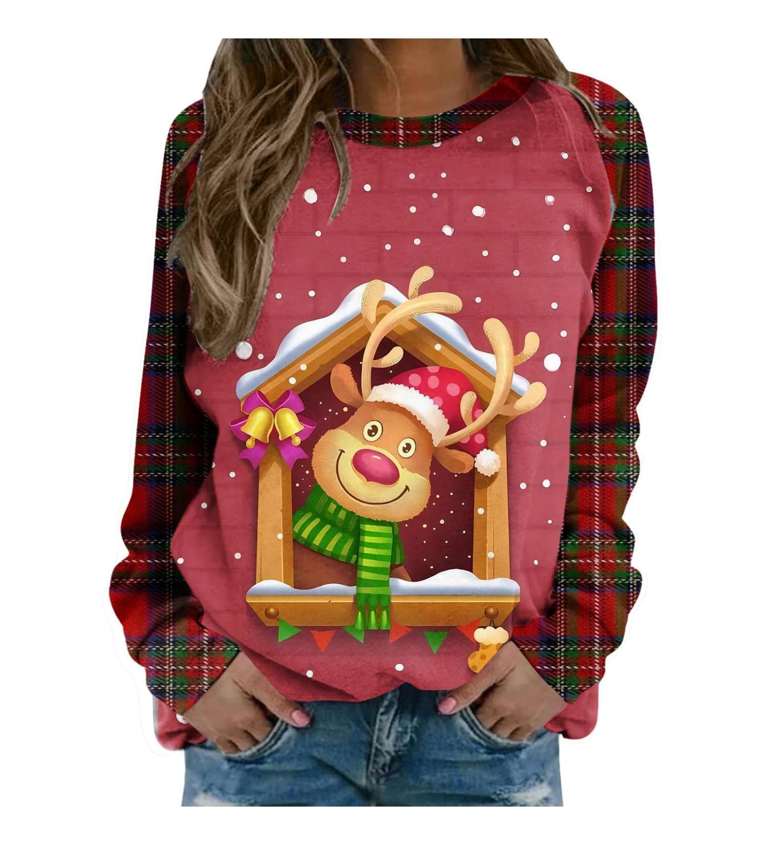 Womens Christmas Sweatshirt Snowman Penguin Print Raglan Pullover - Watermelon Red - Buy Online on GoSupps.com