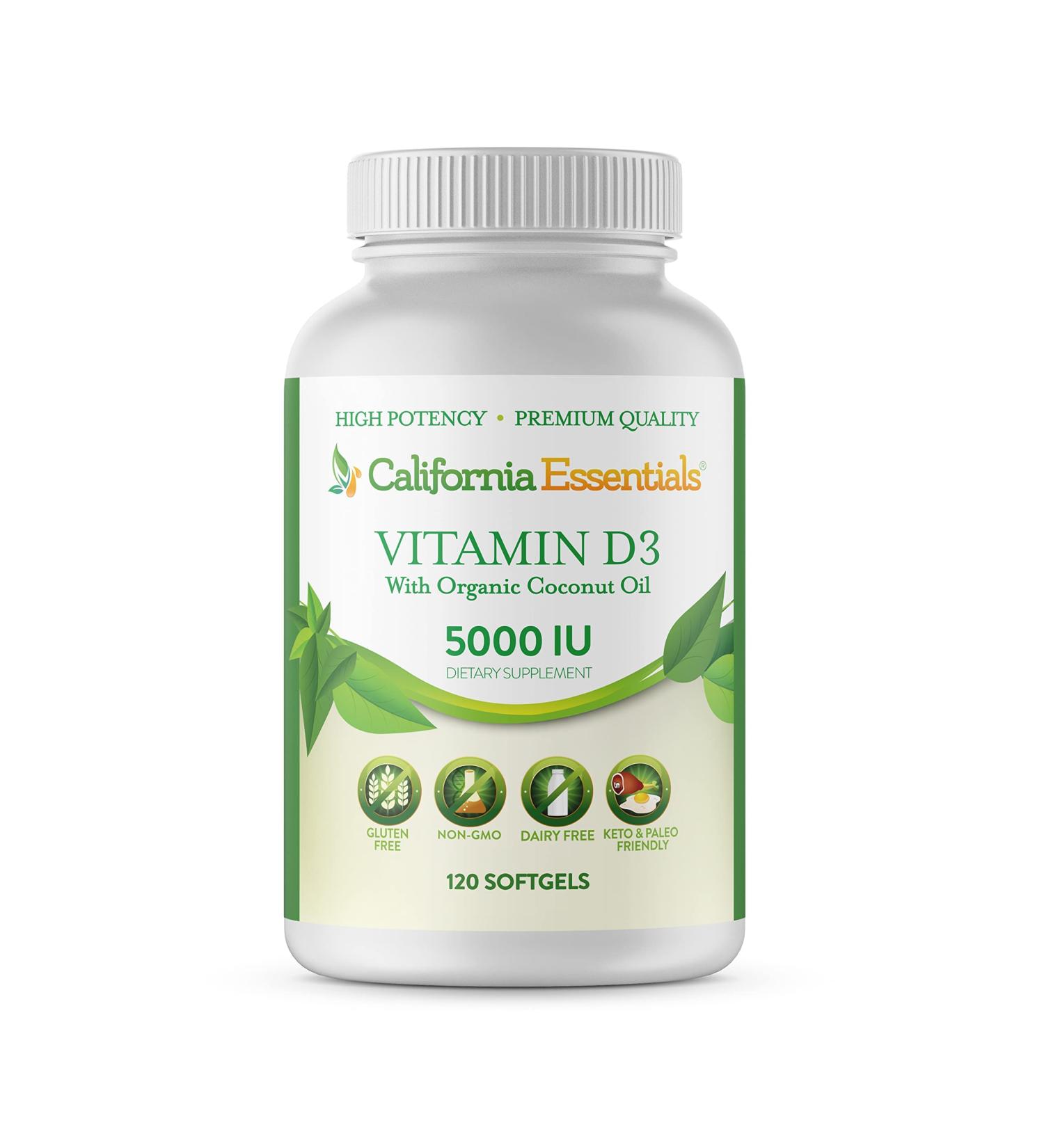 California Essentials Vitamin D3 5000 IU | Bone & Immune Support | High Potency Organic Coconut Oil | 120 Softgels - Buy Online on GoSupps.com