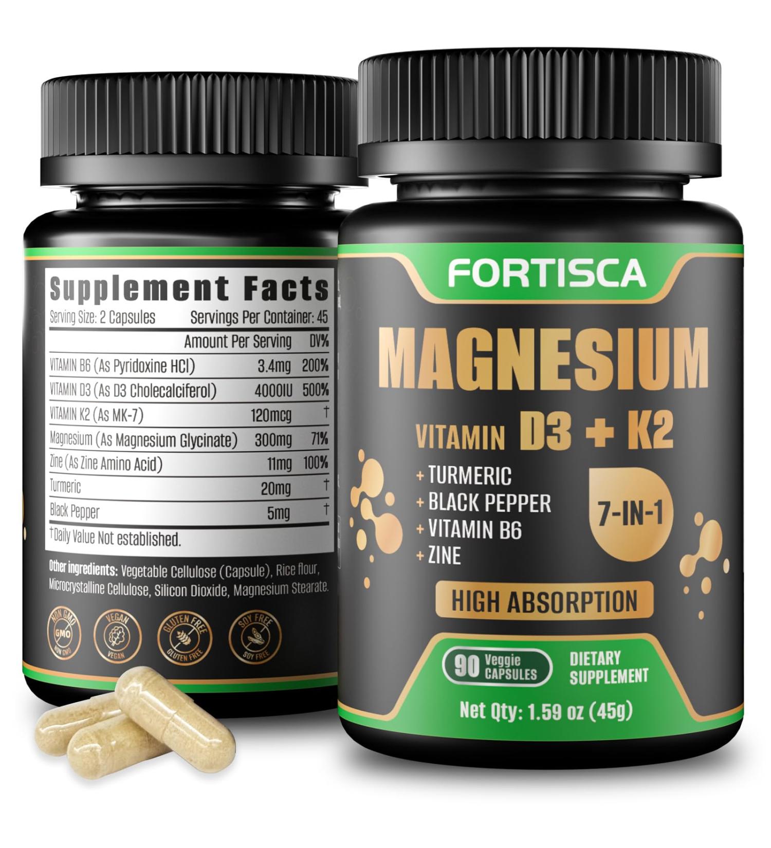 7-in-1 Magnesium Glycinate 4000IU Silica High Absorption Magnesium Supplement | Travel | 90 Capsules Magnesium Vitamin D3K2 90 Count (Pack of 1) - Buy Online on GoSupps.com