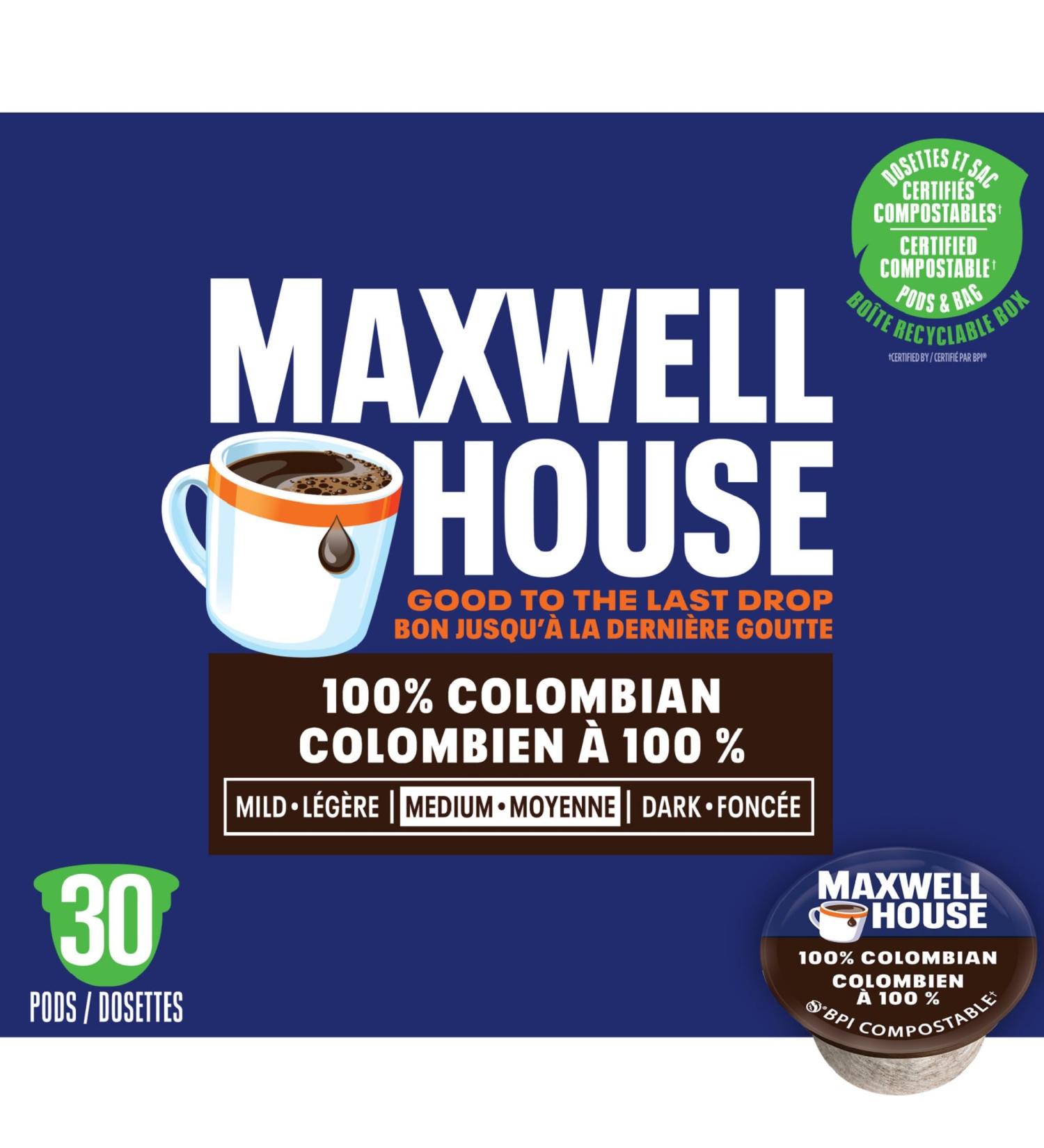 Maxwell House Colombian Coffee 100% Compostable K Cup Pods 292g Coffee 100% Columbian 30 count (Pack of 1) - Buy Online on GoSupps.com