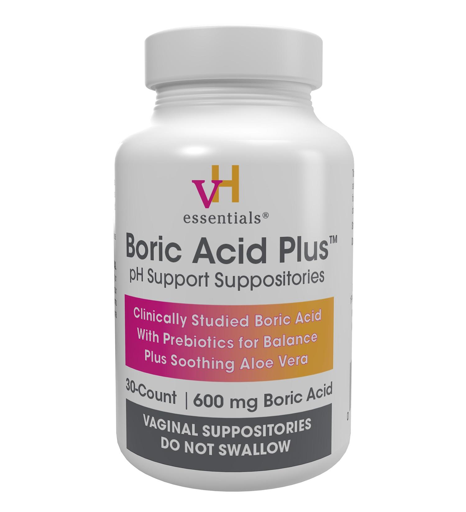 vH Essentials Boric Acid Plus Vaginal Suppositories - Prebiotic & Aloe Vera for pH Balance Odor Control & Freshness - 600mg 30 Count - Buy Online on GoSupps.com