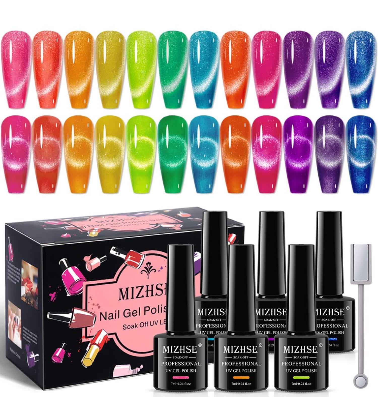 MIZHSE Neon Cat Eye Gel Nail Polish Kit 12Pcs - Blue Green Purple Magnetic Manicure Set - Buy Online on GoSupps.com