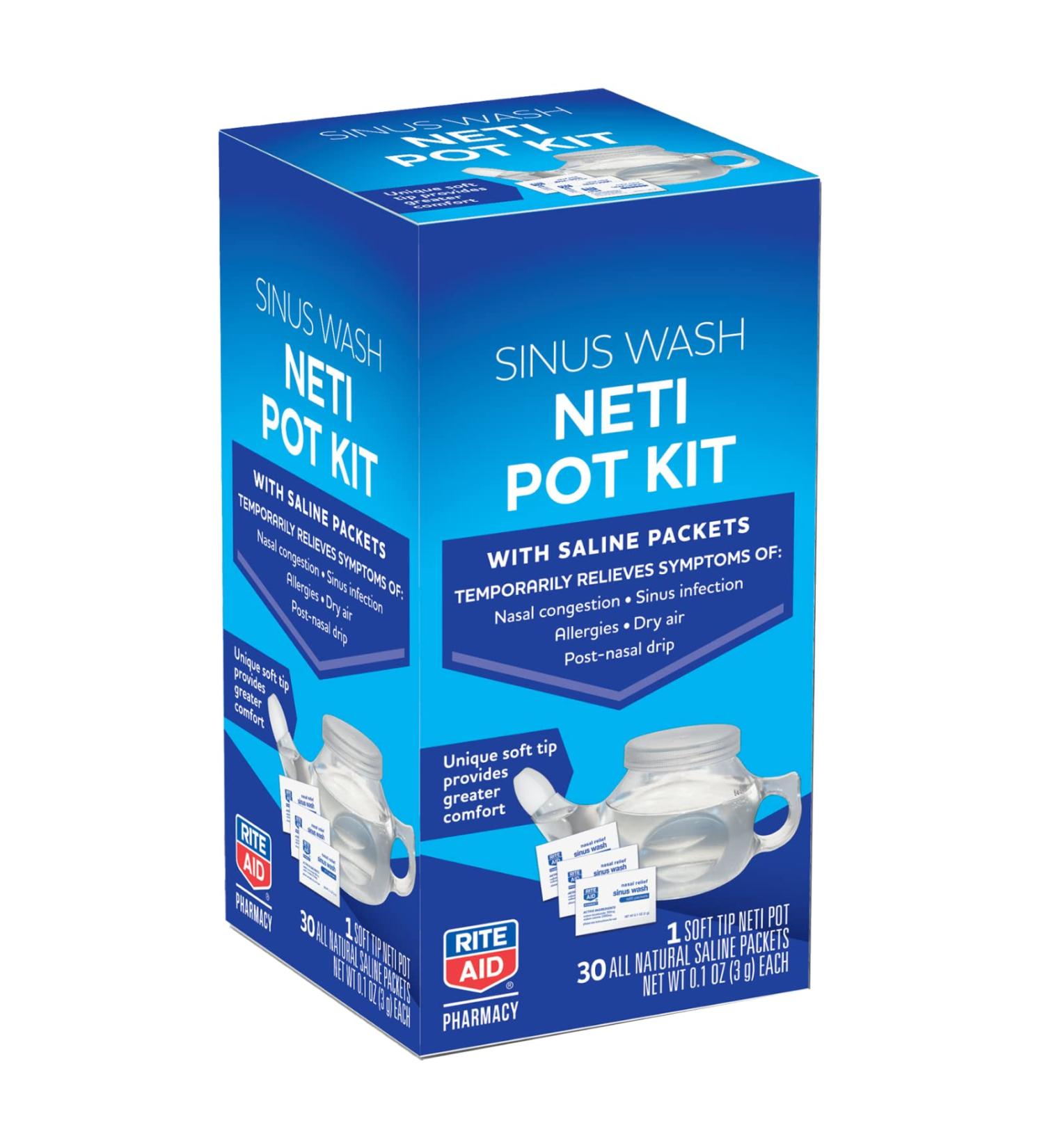 Rite Aid Neti Pot Nasal Rinse Kit - 30 Salt Packets Included | Sinus Relief for Adults & Children | Allergy Relief Saline Solution | Nasal Rinse Kit - Buy Online on GoSupps.com