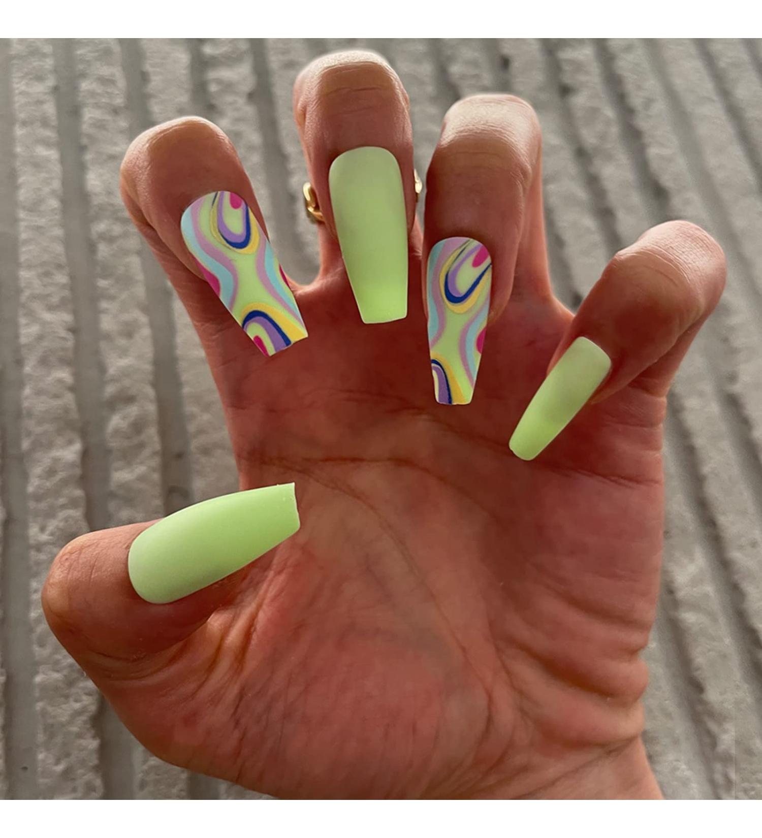 24 Medium Length Green French Tip Coffin Nails | Press-On Ballerina Fake Nails for Women & Girls - Buy Online on GoSupps.com