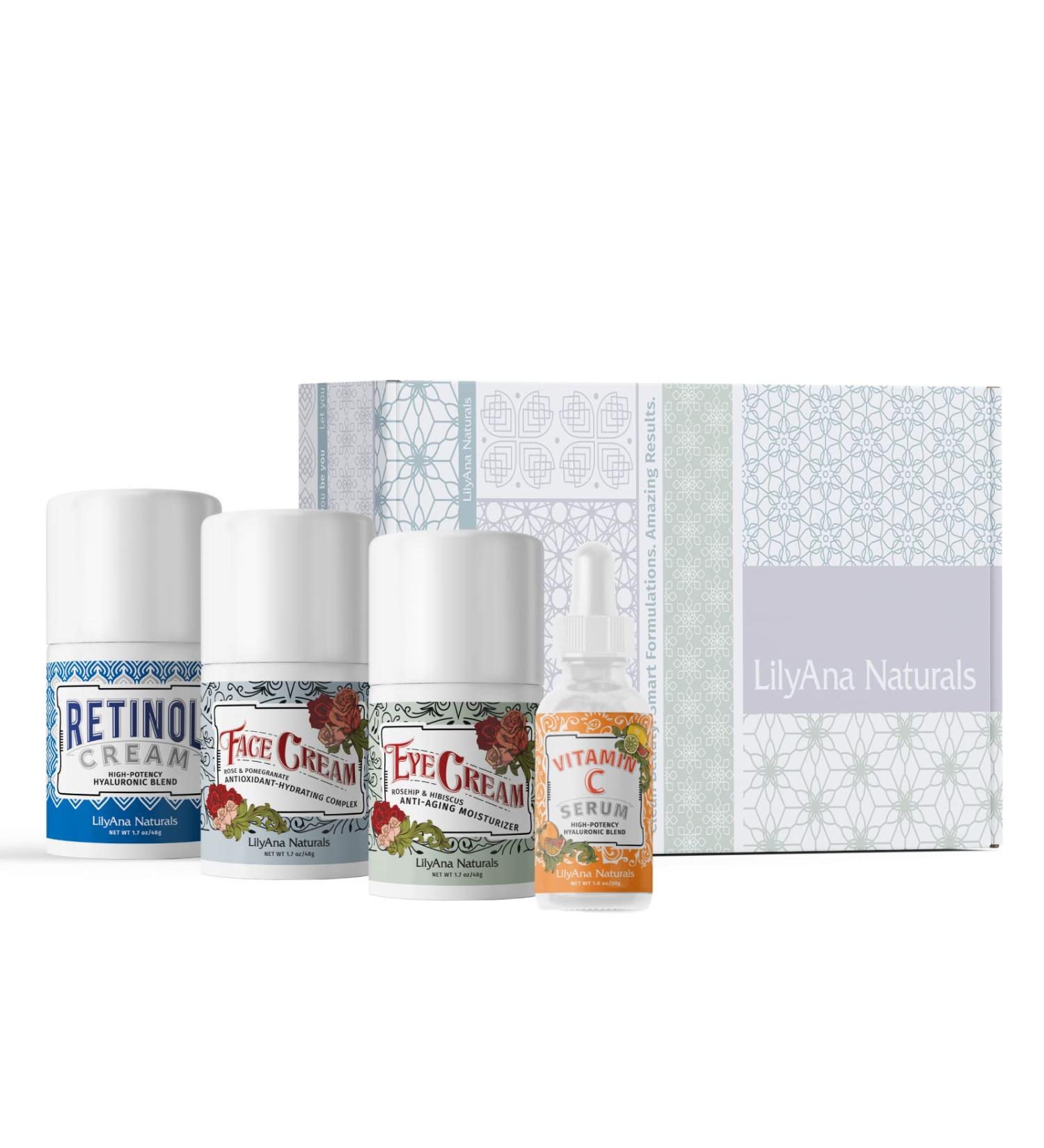 LilyAna Naturals Skincare Gift Set: Retinol Cream, Vitamin C Serum, Eye Cream & Face Moisturizer - Anti-Aging Core 4 Set for Women - Buy Online on GoSupps.com
