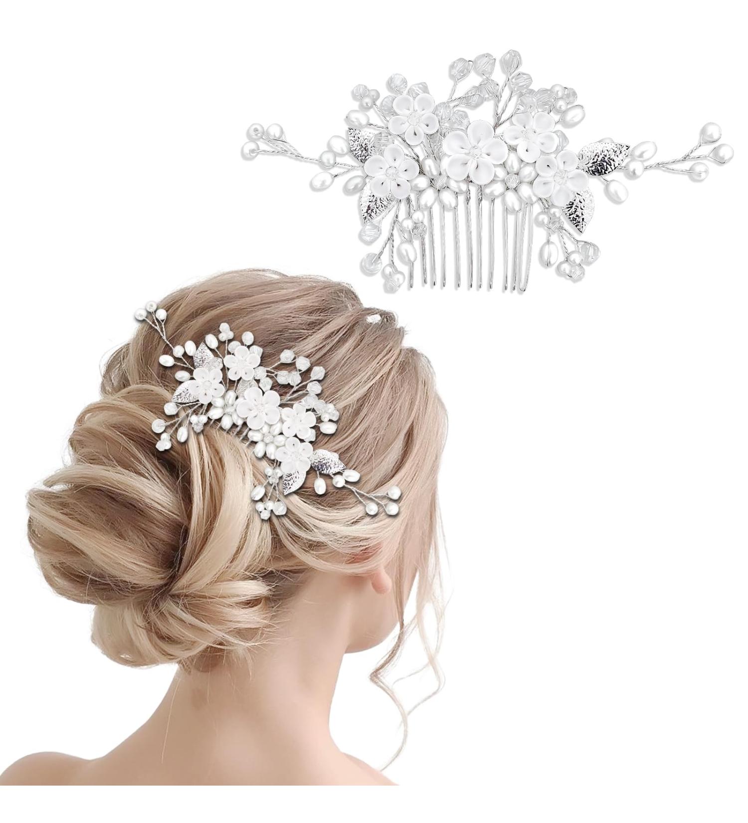 Makone Pearl and Crystal Bridal Wedding Hair Combs Set - Elegant Accessory for Women and Girls | Silver Flower Bride Comb - Buy Online on GoSupps.com