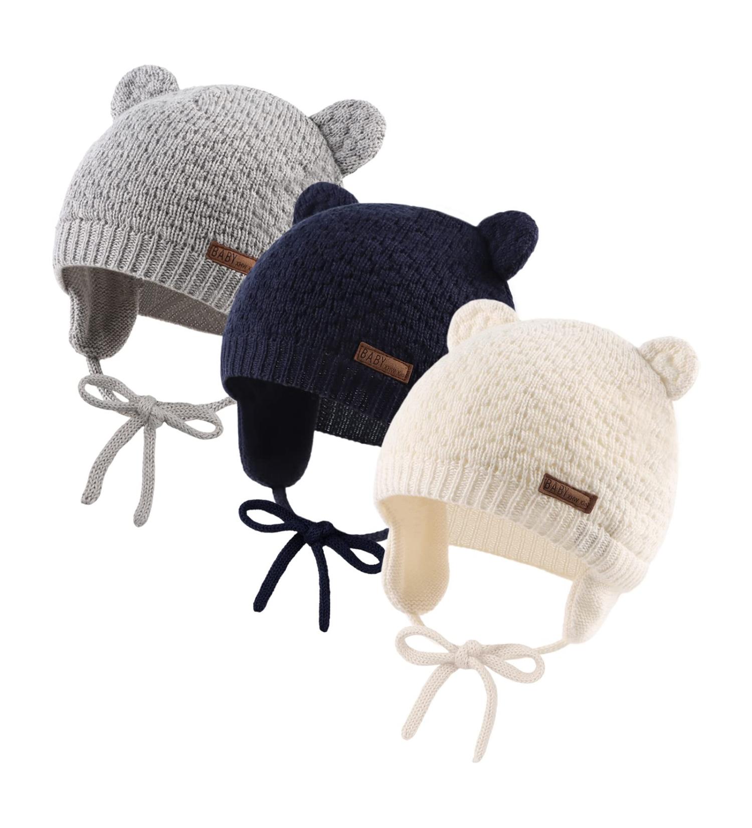 XIAOHAWANG Baby Earflap Beanie Hat Set - Soft Knit Beanies for Infant Boys & Girls 6-18 Months - Cute Bear Design - Autumn/Winter 3pcs - Buy Online on GoSupps.com