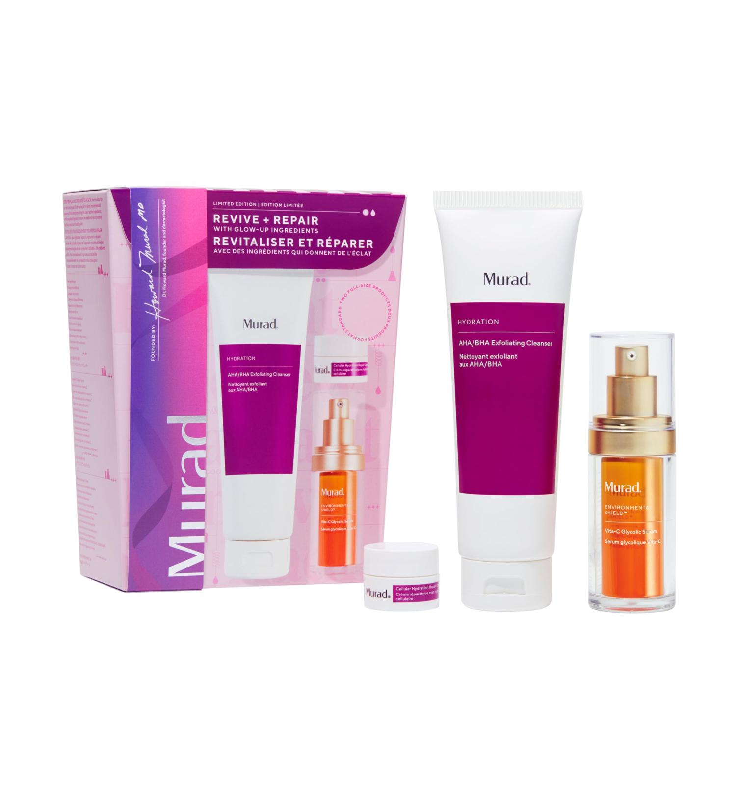 Murad Revive + Repair w/Glow Up Ingredients - 3-Piece Set ($135 Value) - Regimen for Total Skin Health - AHA/BHA Cleanser 5.0Fl Oz Glycolic Serum 1.0Fl Oz Cellular Hydration Cream 0.25Fl Oz - Buy Online on GoSupps.com