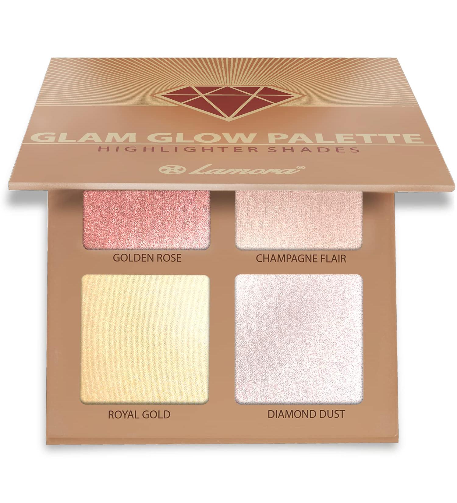 Highlighter Palette Makeup Illuminator Powder Bronzer Kit - With Mirror For Light to Medium Skin Tone - 4 Highly Pigmented Shimmering Colors - Vegan Hypoallergenic - Buy Online on GoSupps.com