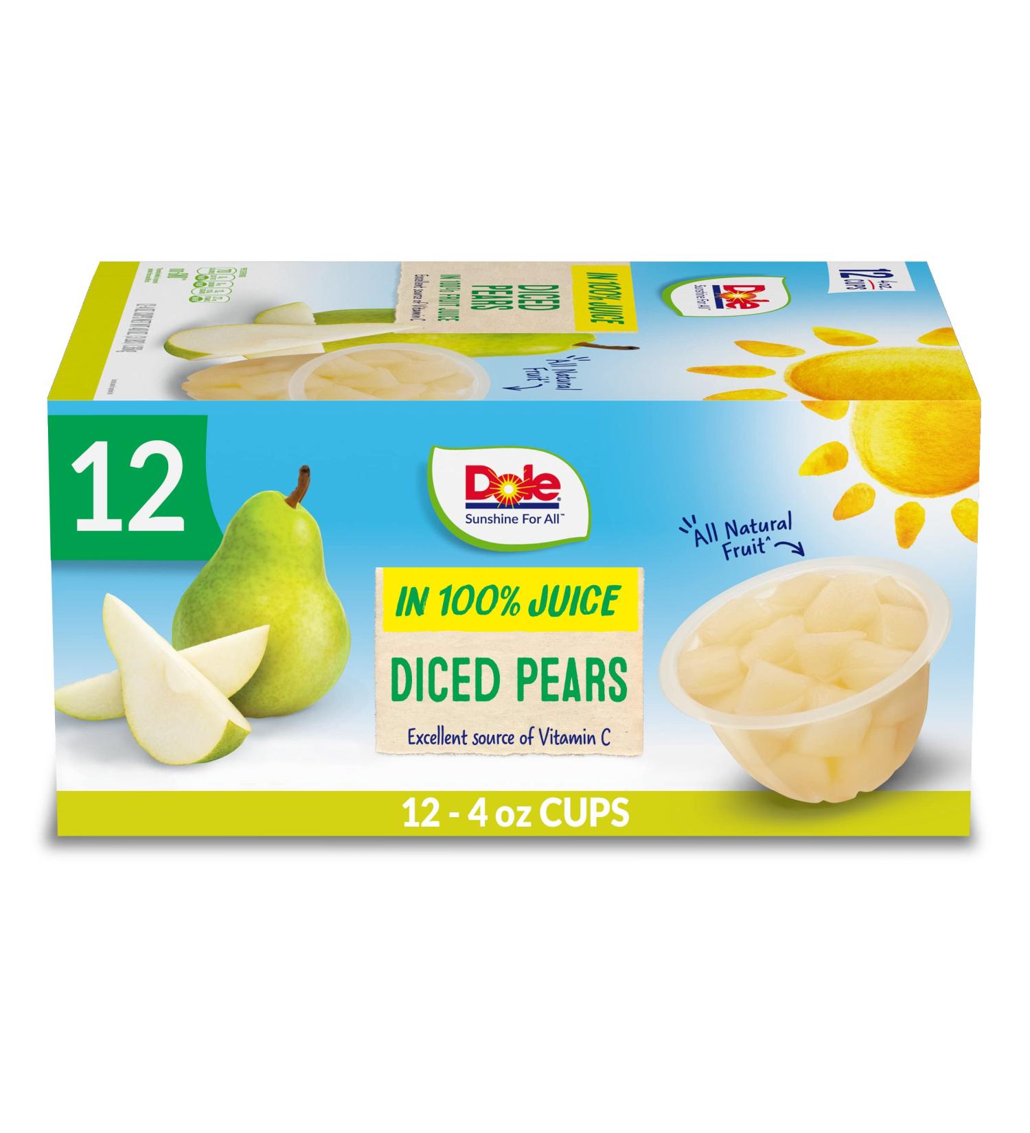 Dole Diced Pears in 100% Fruit Juice - Gluten Free Healthy Snack, 4 Oz Fruit Bowls (Pack of 12) - Buy Online on GoSupps.com