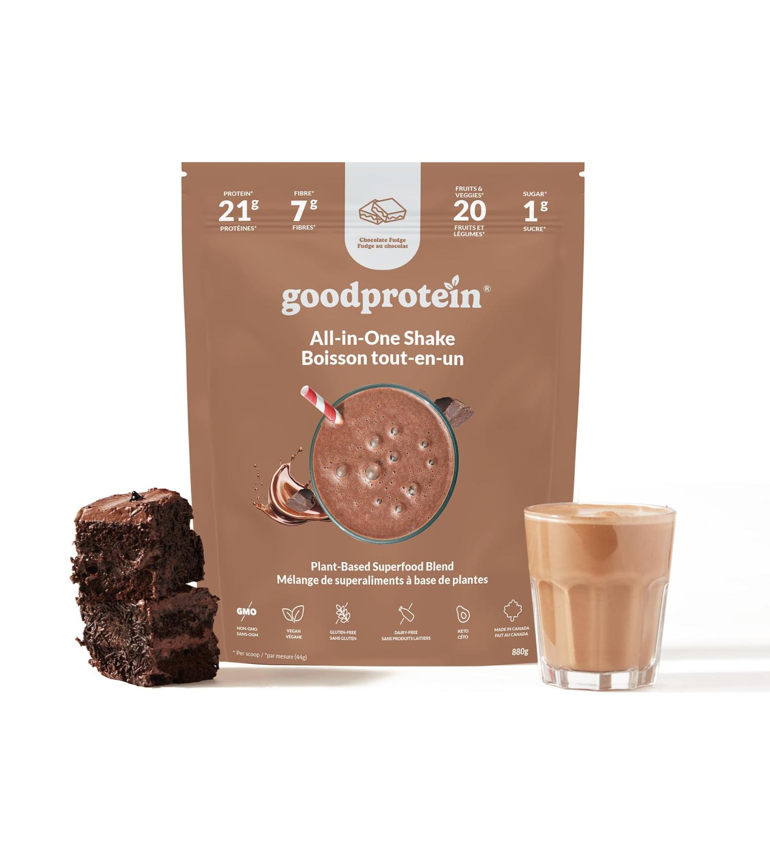 Good Protein Vegan Plant-based Protein Powder 100% Natural Non-GMO Dairy-free Gluten-free Soy-free No Added Sugar and Nothing Artificial. Chocolate Fudge All-in-One Shake 880 grams Chocolate Fudge 880 g - Buy Online on GoSupps.com