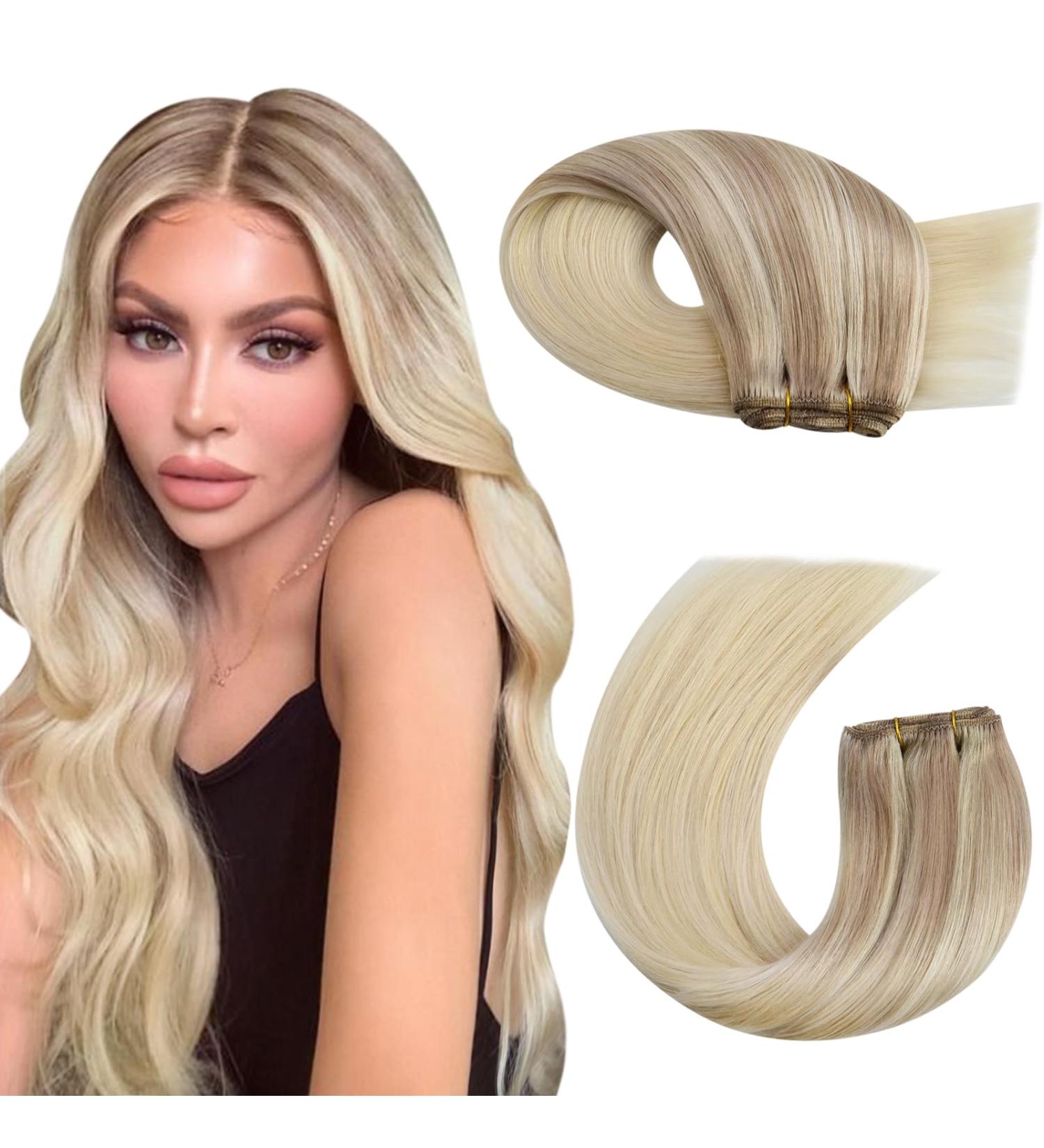 Moresoo 18 Inch Blonde Weft Human Hair Extensions - Ash Blonde to Medium Blonde with Platinum Blonde Highlights - Double Weft Sew in Hair Extensions - 100g/Pack #18/22/60 - Buy Online on GoSupps.com