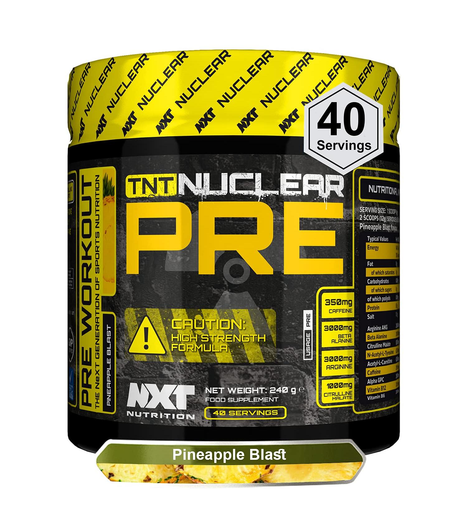 NXT Nutrition TNT Nuclear Pre Workout Energy Drink | 40 Servings Mixed Candy Vegan (Pineapple) 240g | L-Citrulline Beta Alanine & 350mg Caffeine for Pump, Endurance & Focus - Buy Online on GoSupps.com