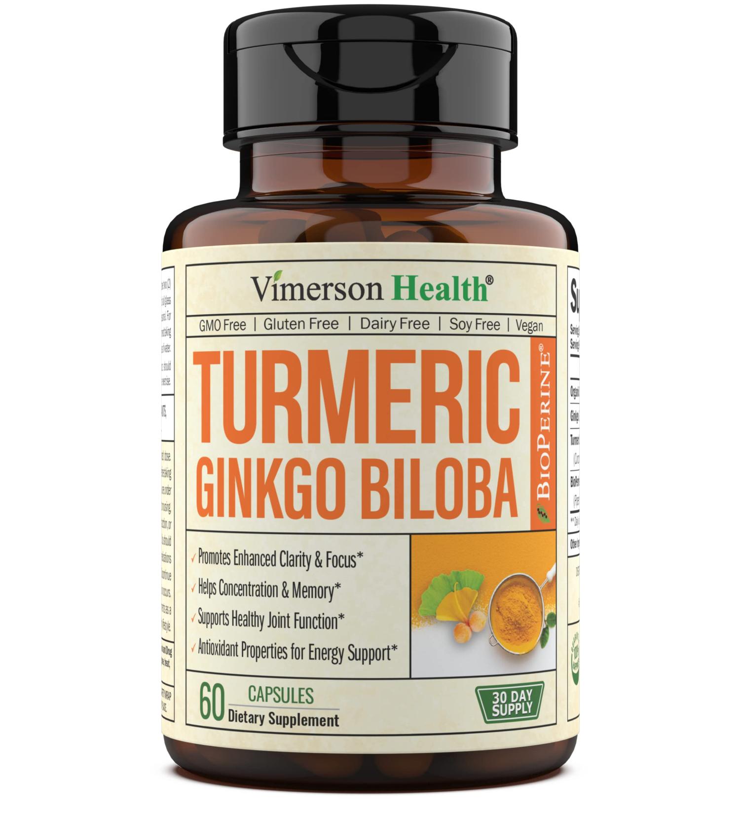 Turmeric Curcumin Ginkgo Biloba with BioPerine - Herbal Supplement for Focus, Memory, Brain Function & Joint Support - 60 Vegan Capsules - Buy Online on GoSupps.com