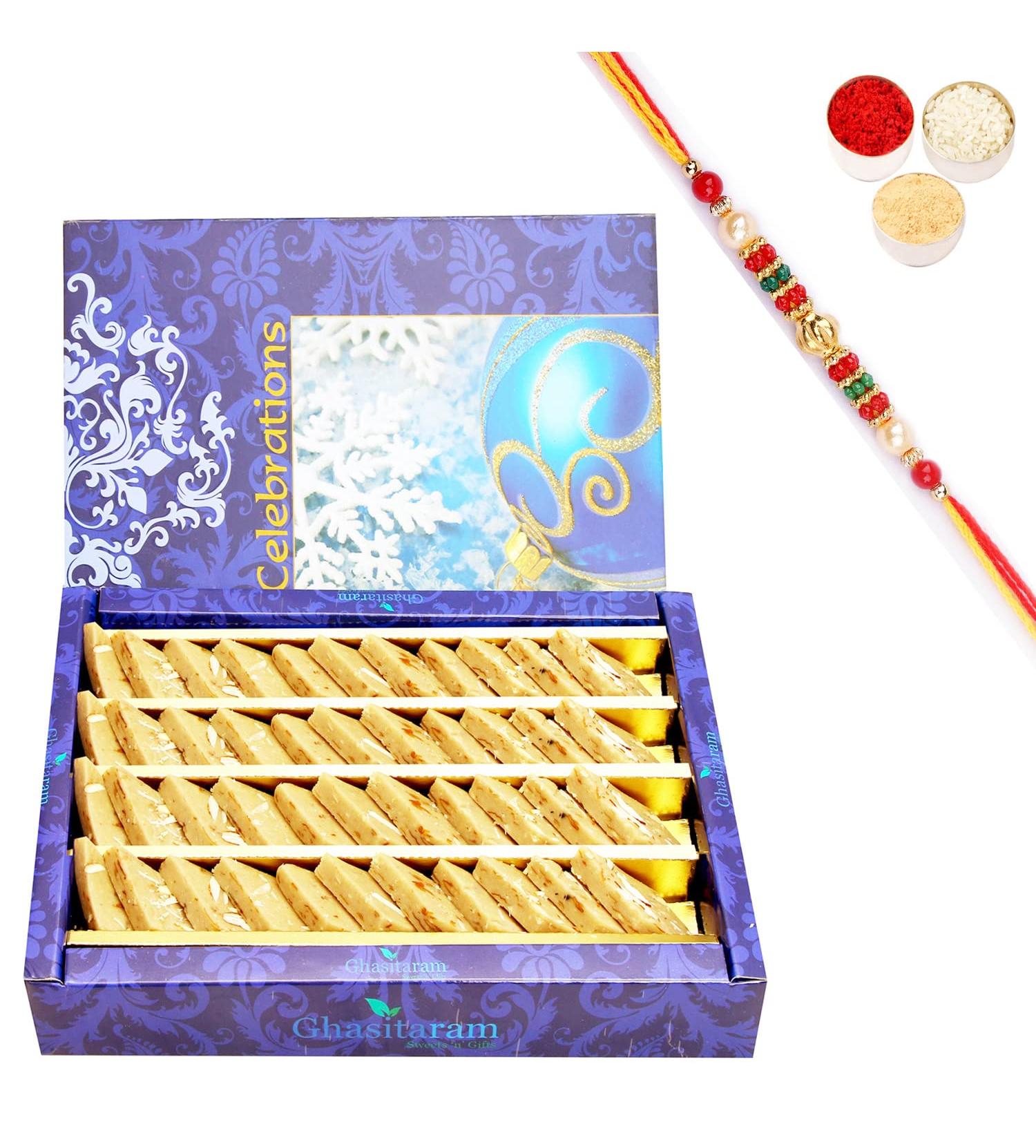 Ghasitaram Gifts Rakhi Gifts for Brothers Rakhi Sweets - Ghasitaram's Gulkand Kaju Katli 800 GMS with Beads Rakhi - Buy Online on GoSupps.com