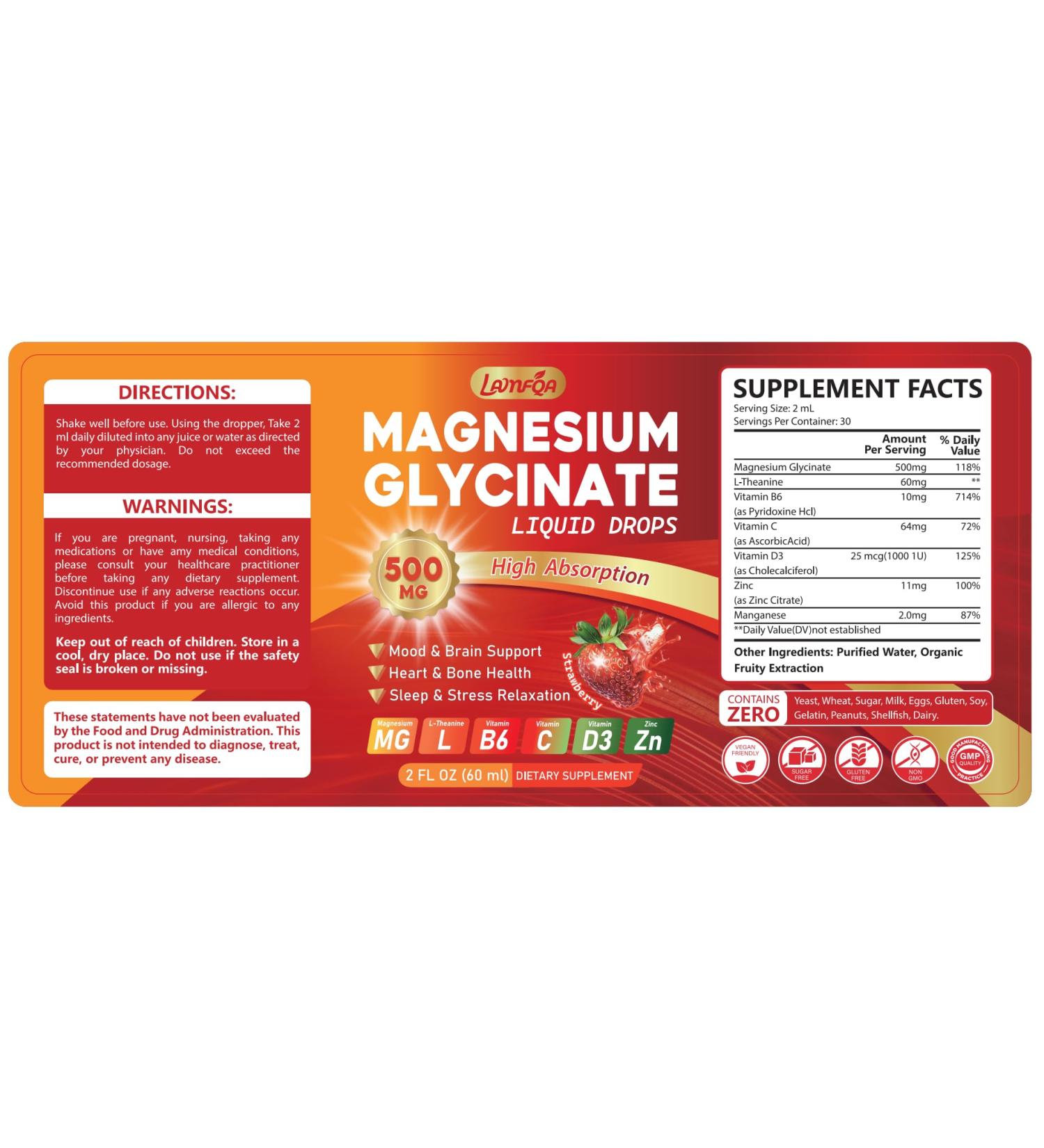 Magnesium Glycinate Liquid Drops Supplement - Vegan GMO Free Gluten Free for Muscle & Bone Health Support (Strawberry 60ml) 2 Pack