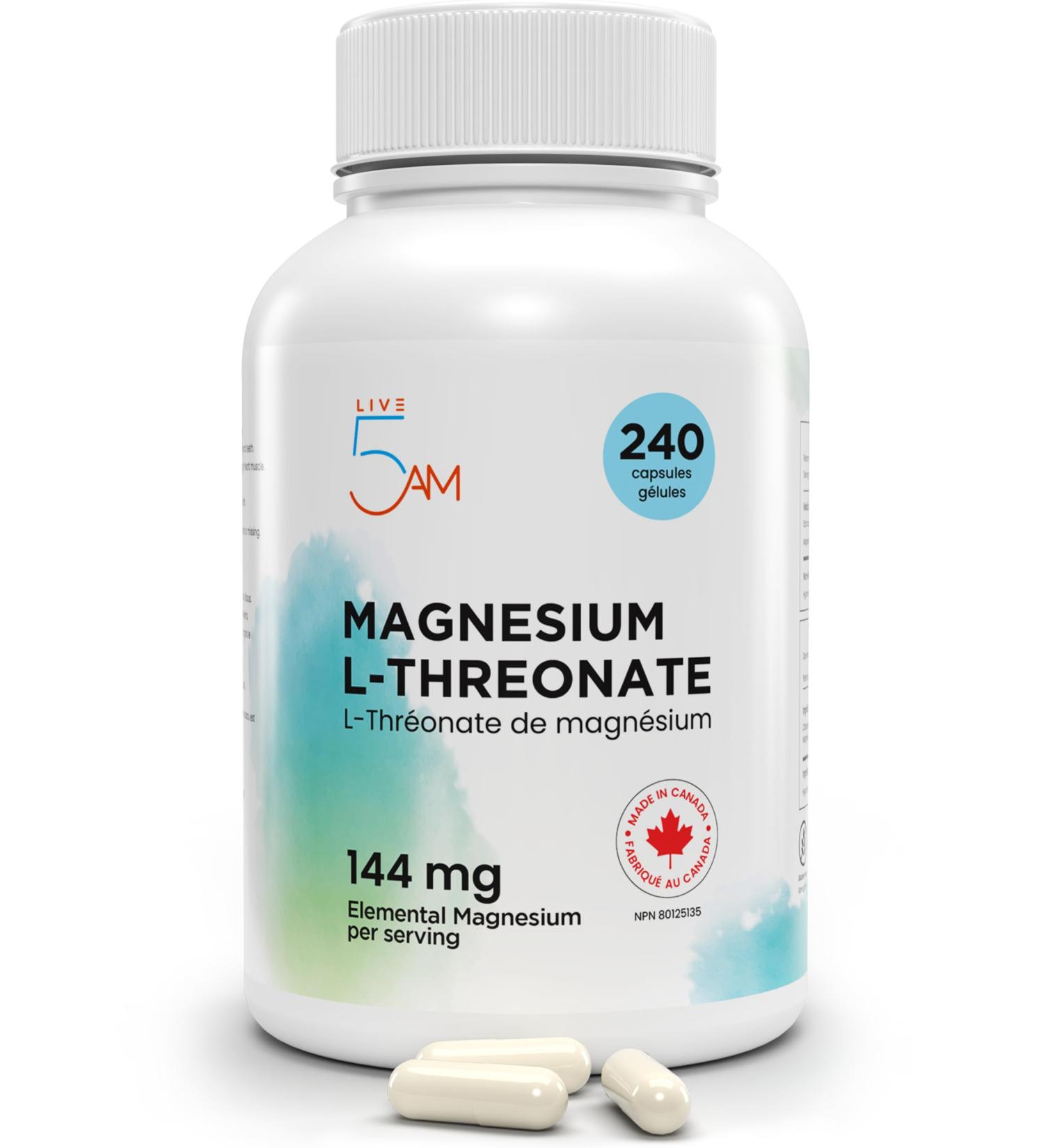 Live 5AM Magnesium L-Threonate 240 vcaps | 2 000 mg Magnesium L-Threonate (per 3 Capsules) 144 mg Elemental Magnesium Easy-to-Swallow Vegan Gluten-Free Magnesium Threonate per Serving Made in Canada 240 count (Pack of 1) - Buy Online on GoSupps.com