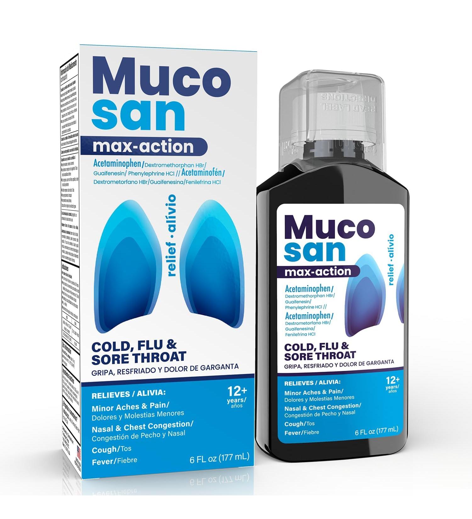 Mucosan Max-Action Cold & Flu Relief Maximum Strength Medicine - Fever Sore Throat Chest Congestion & Cough Suppressant Expectorant FSA Eligible - 6 fl oz (177 mL) 1-Pack - Buy Online on GoSupps.com