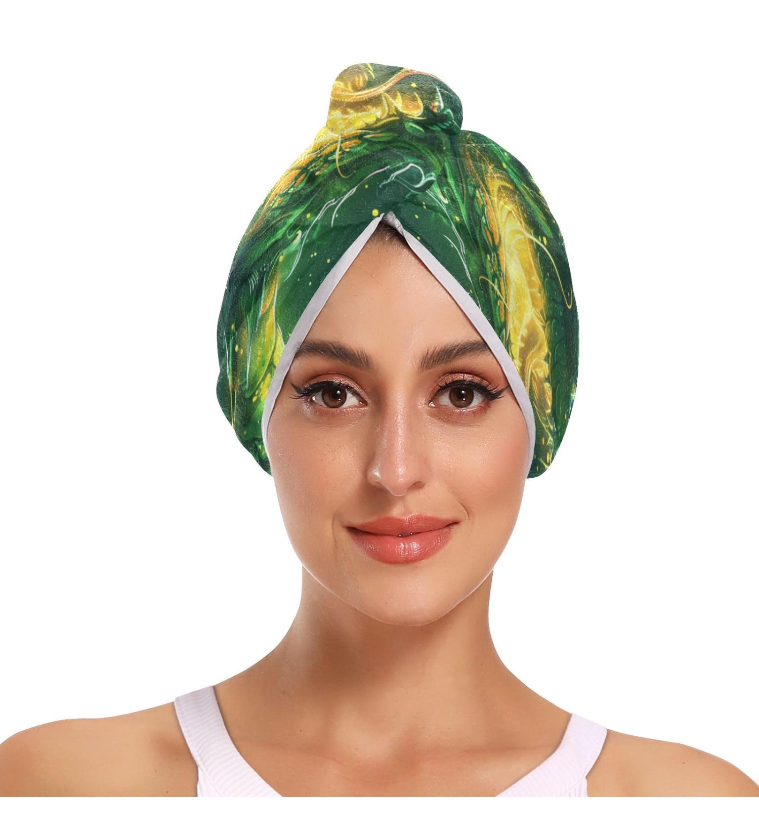 Green & Yellow Dragon Head Hair Towel 2 Pack - Quick Dry Super Absorbent Turbans for Women & Girls - Buy Online on GoSupps.com