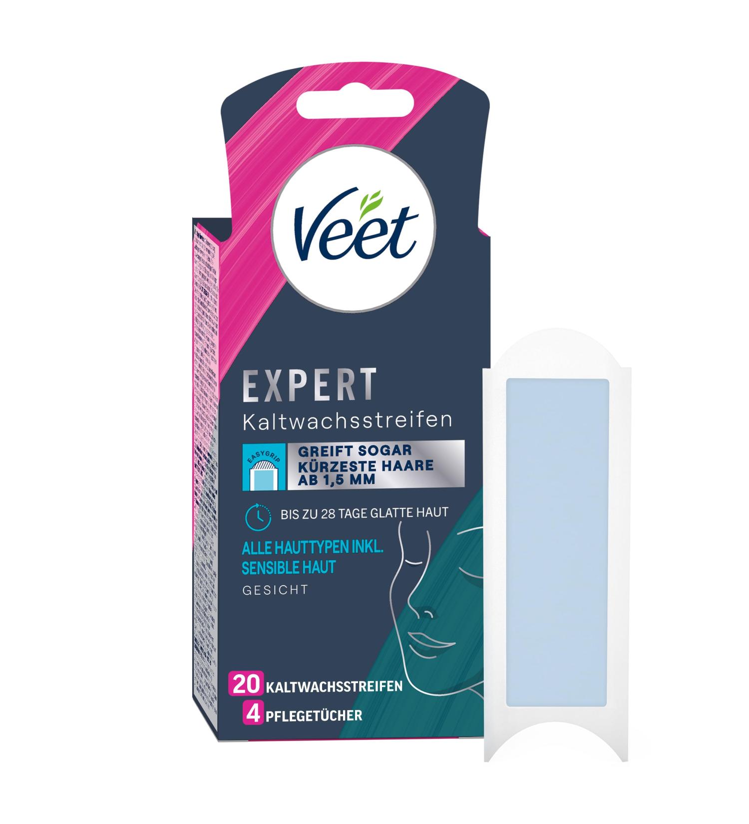 Veet Expert Cold Wax Strips for Face - Gentle Hair Removal for All Skin Types 10 Double Strips (20 Strips) - Ideal for Sensitive Skin - Buy Online on GoSupps.com