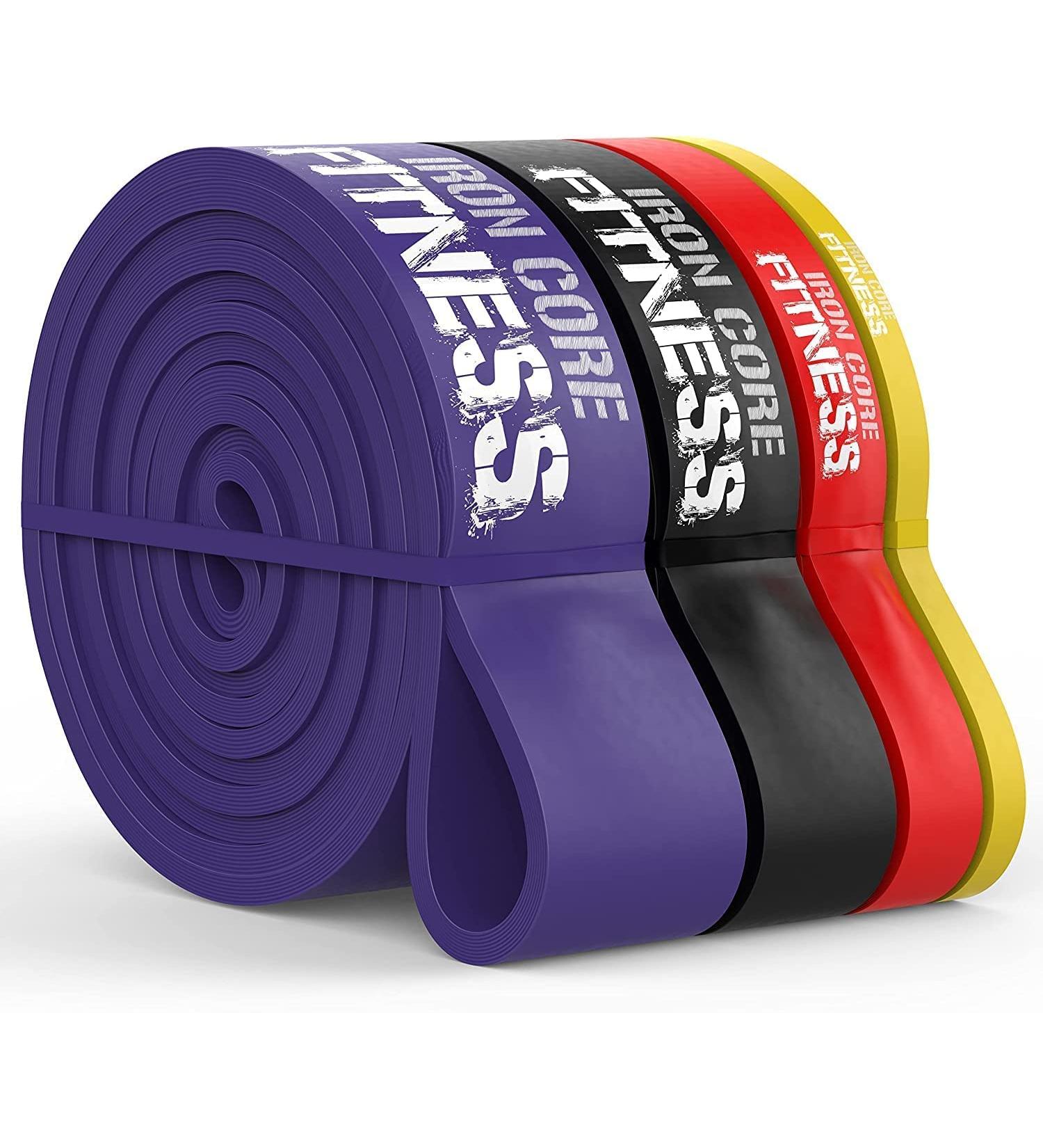 Pull Up Resistance Bands Set for Strength & Flexibility Training by Iron Core Fitness - Includes eBooks & Workout Chart - 4 Set in Purple Black Red Yellow - Buy Online on GoSupps.com