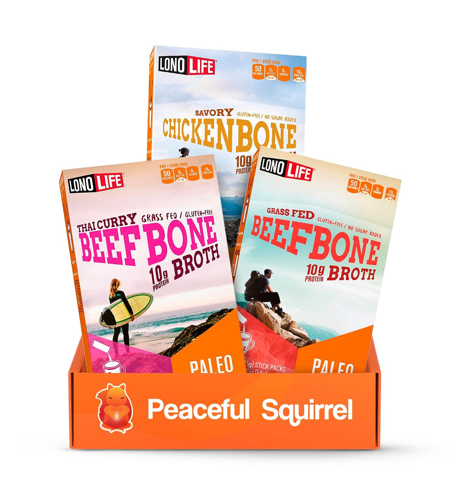 Peaceful Squirrel LonoLife Bone Broth Sticks 3-Pack - 10g Protein | Paleo | Zero Sugar | Collagen | Amino Acids | Gluten Free - 3 Flavors - Buy Online on GoSupps.com