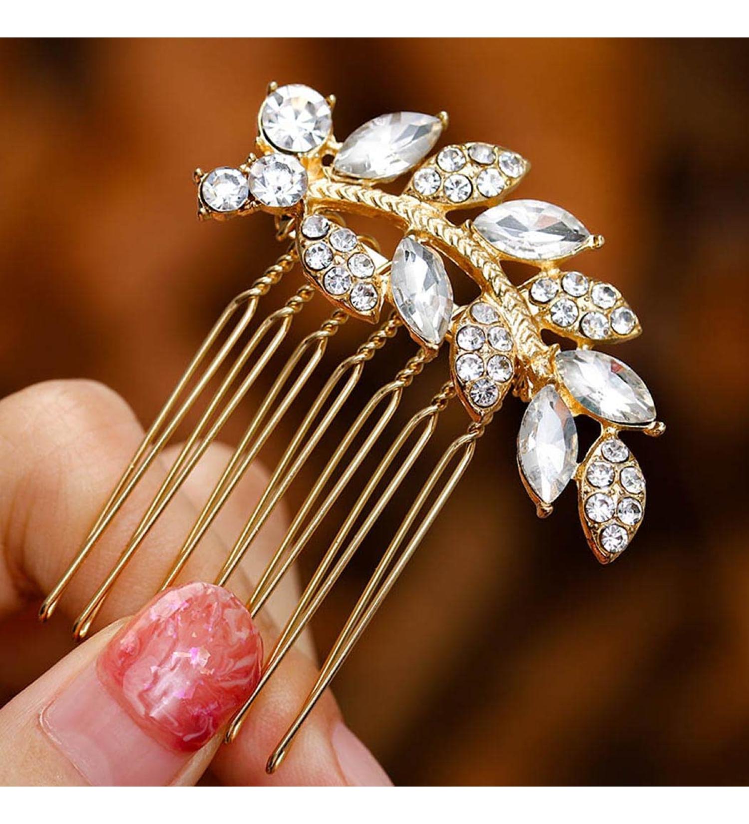 Foyte Crystal Bride Wedding Hair Comb - Gold Leaf Bridal Headpiece for Women and Girls - Buy Online on GoSupps.com