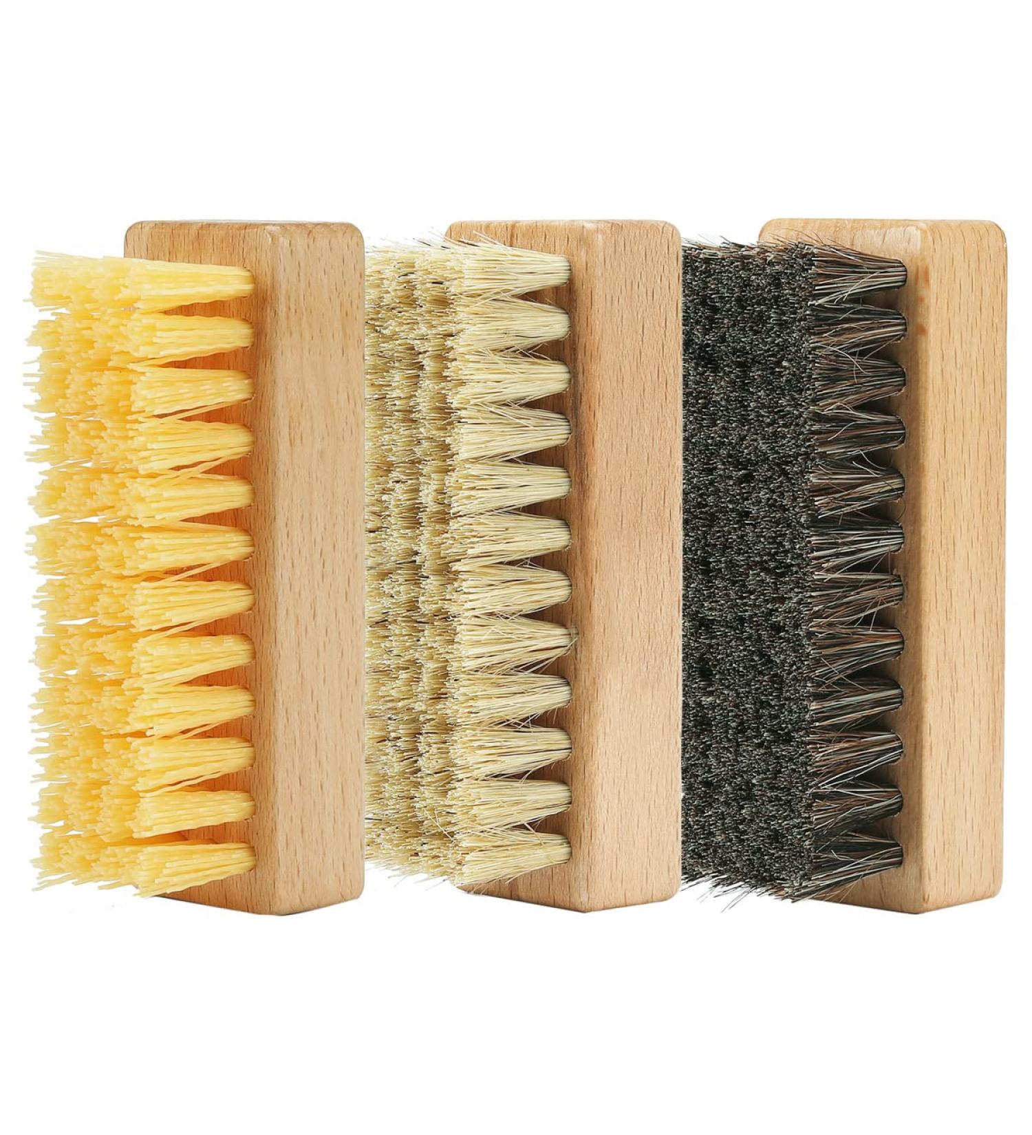 Shoe Cleaning Brush Set - 3 Pack with Nylon, Boar, and Horsehair Bristles for Leather, Suede, Canvas - Wooden Sneaker Cleaner for Bags & Accessories - Buy Online on GoSupps.com