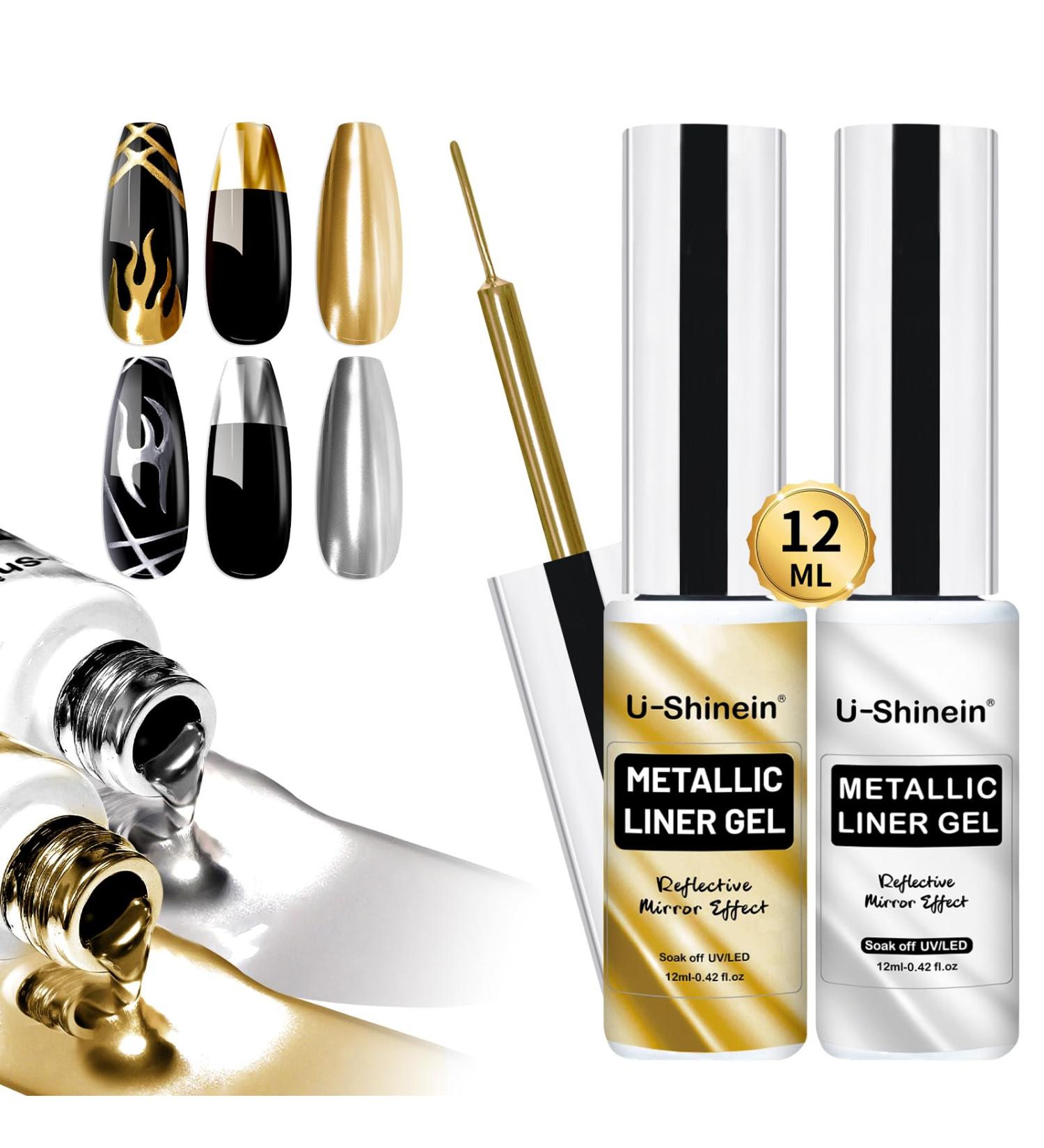 U-Shinein 2x12ml Metallic Painting Nail Gel Liner Gold & Silver Metal Painted Drawing Gel Strong Mirror Reflection Nail Art Paint Nail Liner Gel UV Nail Gel with Build in Thin Brush Gold+Silver - Buy Online on GoSupps.com