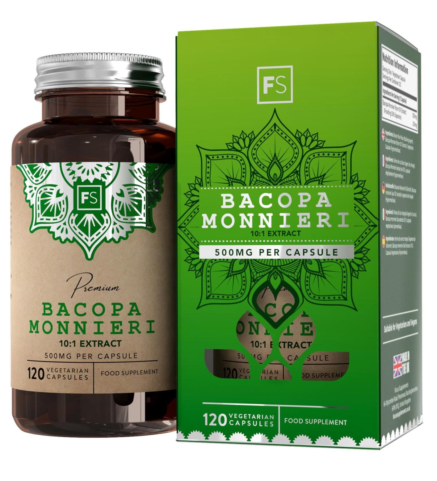 Bacopa Monnieri Capsules - Vegan 120 Brahmi Capsules | 500mg Bacopa Per Serving | Non-GMO & Gluten-Free | Made in UK - Buy Online on GoSupps.com