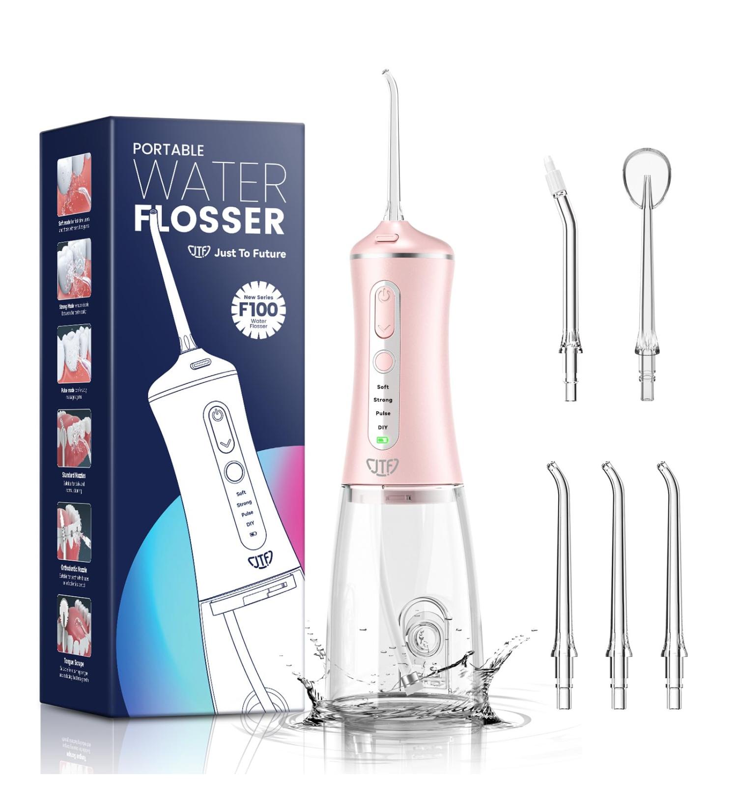 Mouth Shower JTF Electrical Tooth Cleaner - 4 Modes 5 Nozzles 300ml Water Tank & USB-C Oral Irrigator | Pink Water Flosser for Effective Dental Hygiene - Buy Online on GoSupps.com
