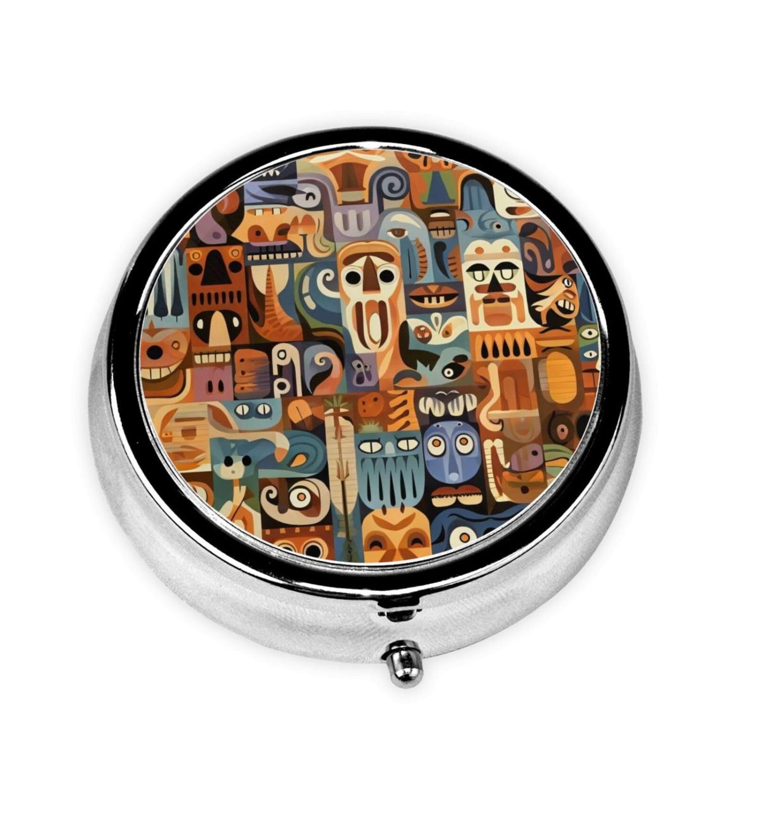 Abstract Art Animals Portable Metal Pill Box - Round Mini 3-Compartment with Hinged Design Ideal for Travel Black - International Shipping Available - Buy Online on GoSupps.com