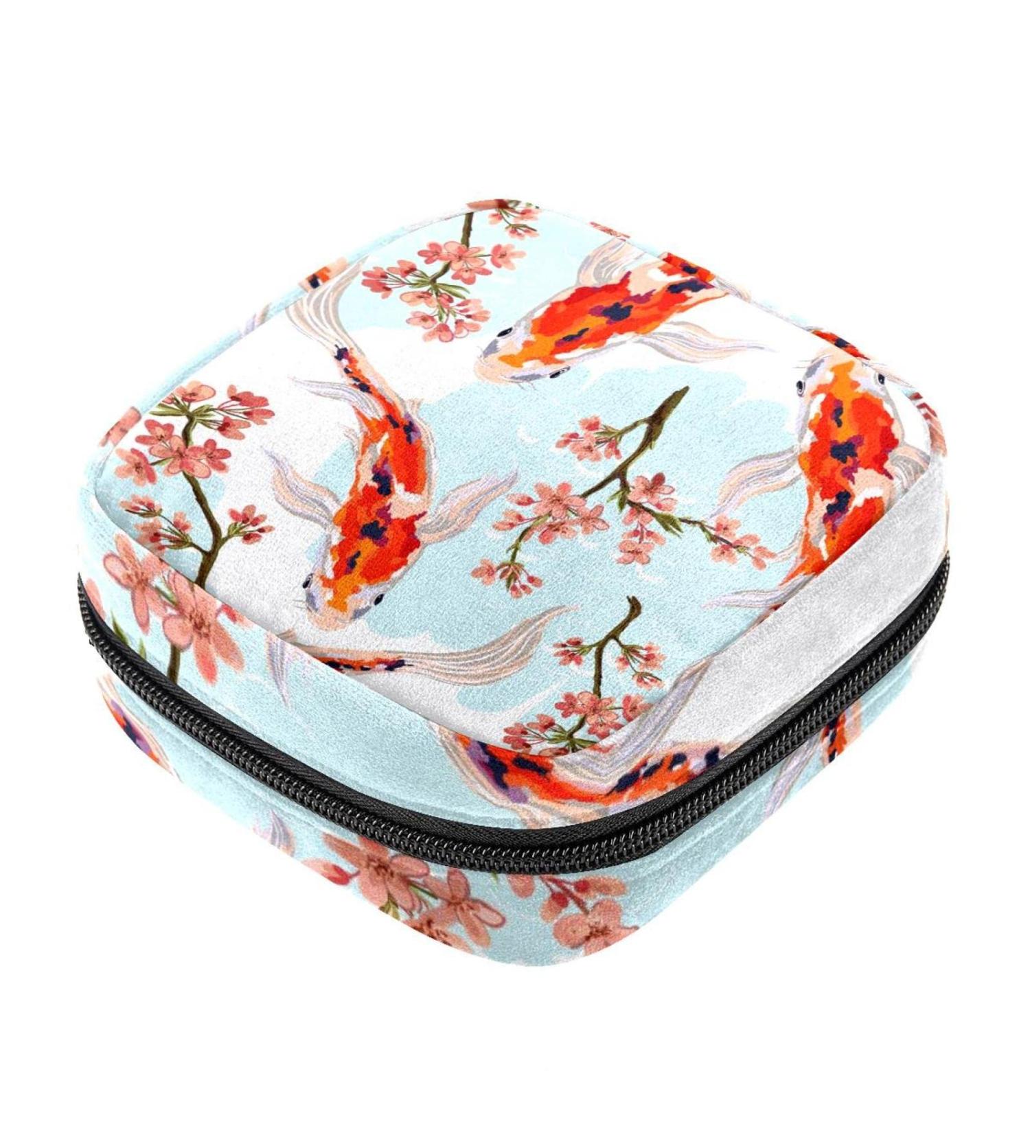 Stylish Menstruation Pad Bag with Zipper - Tropical Japanese Flowers & Koi Fish Design | Women s Napkin & Tampon Collecting Bag - Buy Online on GoSupps.com