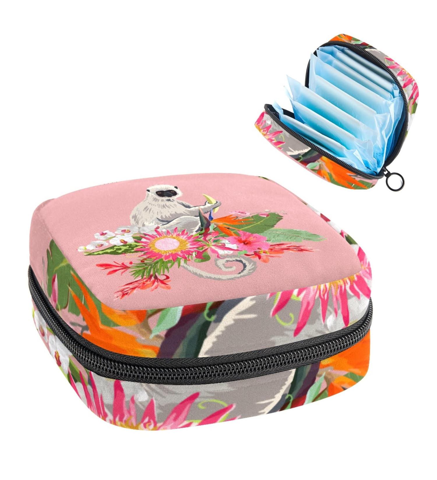 Stylish Menstruation Pad Bag with Zipper - Women's Tampon & Napkin Collection Bag (Gibbon Monkey Eating Banana) - Perfect for Girls & Women - Buy Online on GoSupps.com