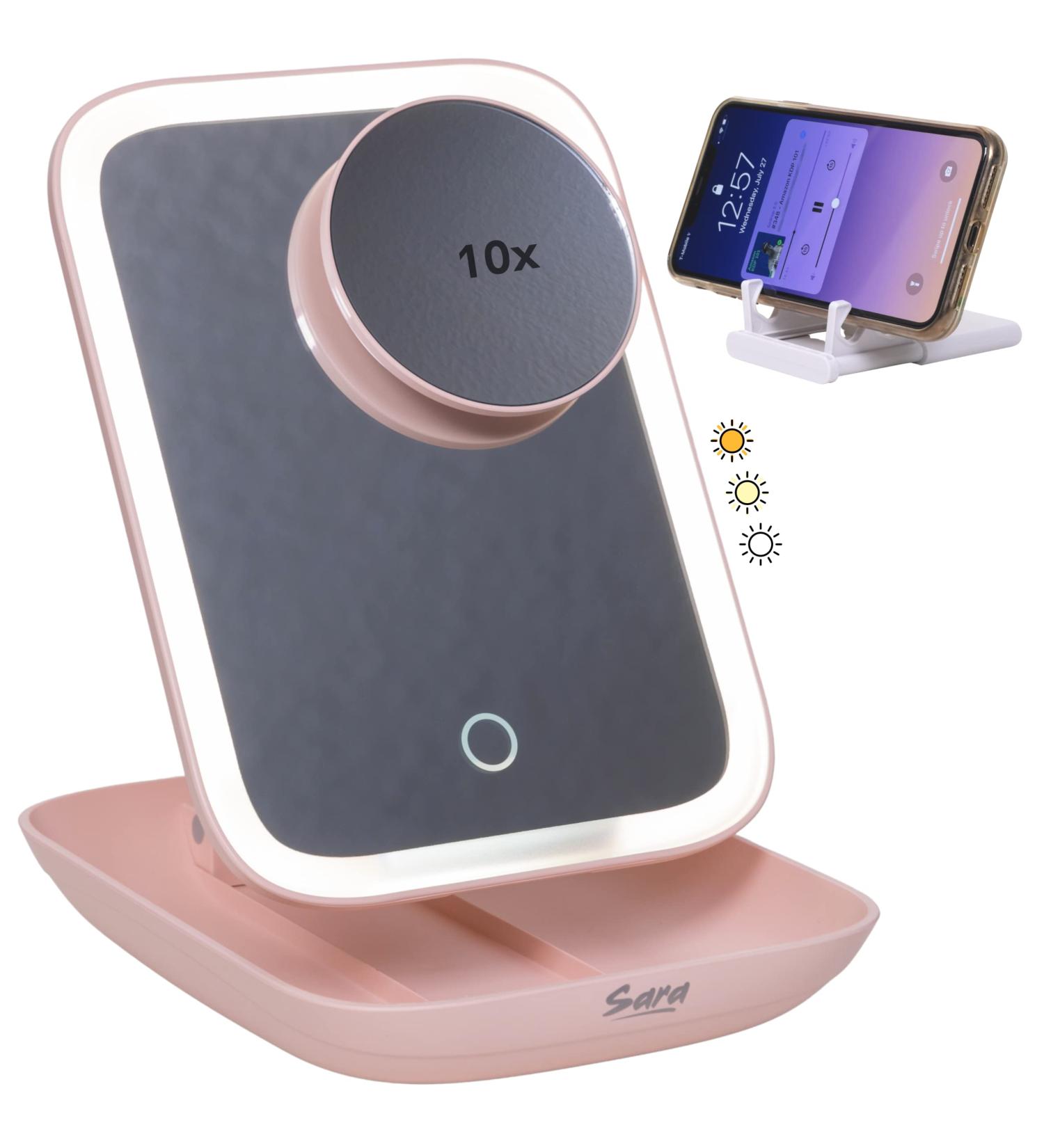 SARA Travel Magnifying Makeup Mirror with Dimmable LED Light - 10X Magnification, Rechargeable, Portable Pocket Stand - Ideal for Makeup Storage, Bedroom, Hotel, Cruise - Rose - Buy Online on GoSupps.com