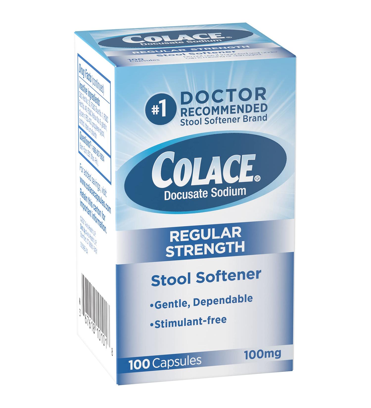 Colace Regular Strength Stool Softener | 100mg Capsules | 100 Count Pack | Gentle & Dependable Constipation Relief | Stimulant-Free Formula - Buy Online on GoSupps.com