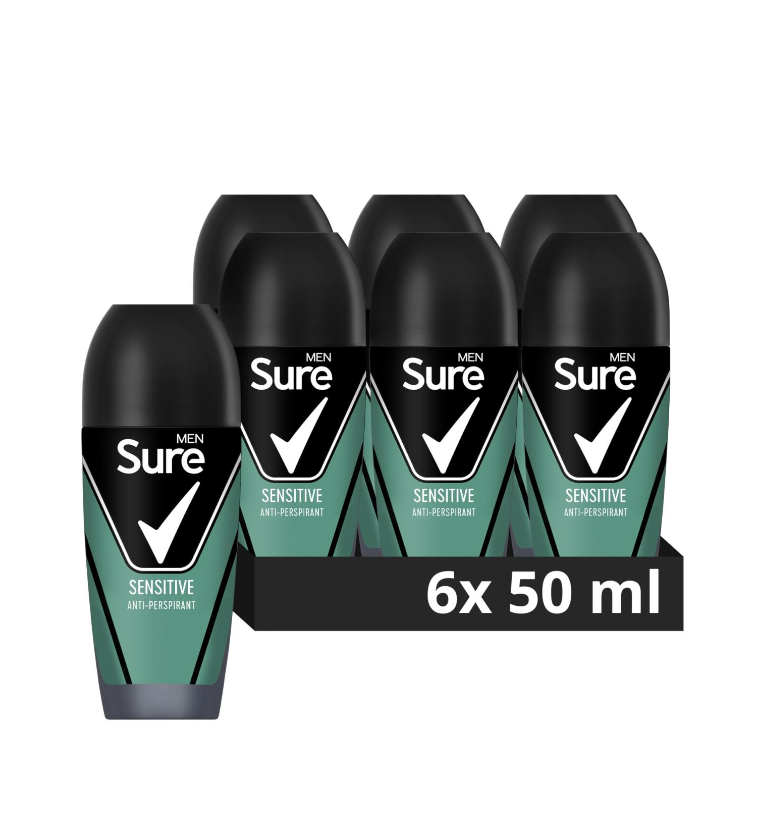 Sure Sensitive Antiperspirant Roll On deodorant for men with MotionSense technology for 48-hour sweat and odour protection 6x 50 ml - Buy Online on GoSupps.com