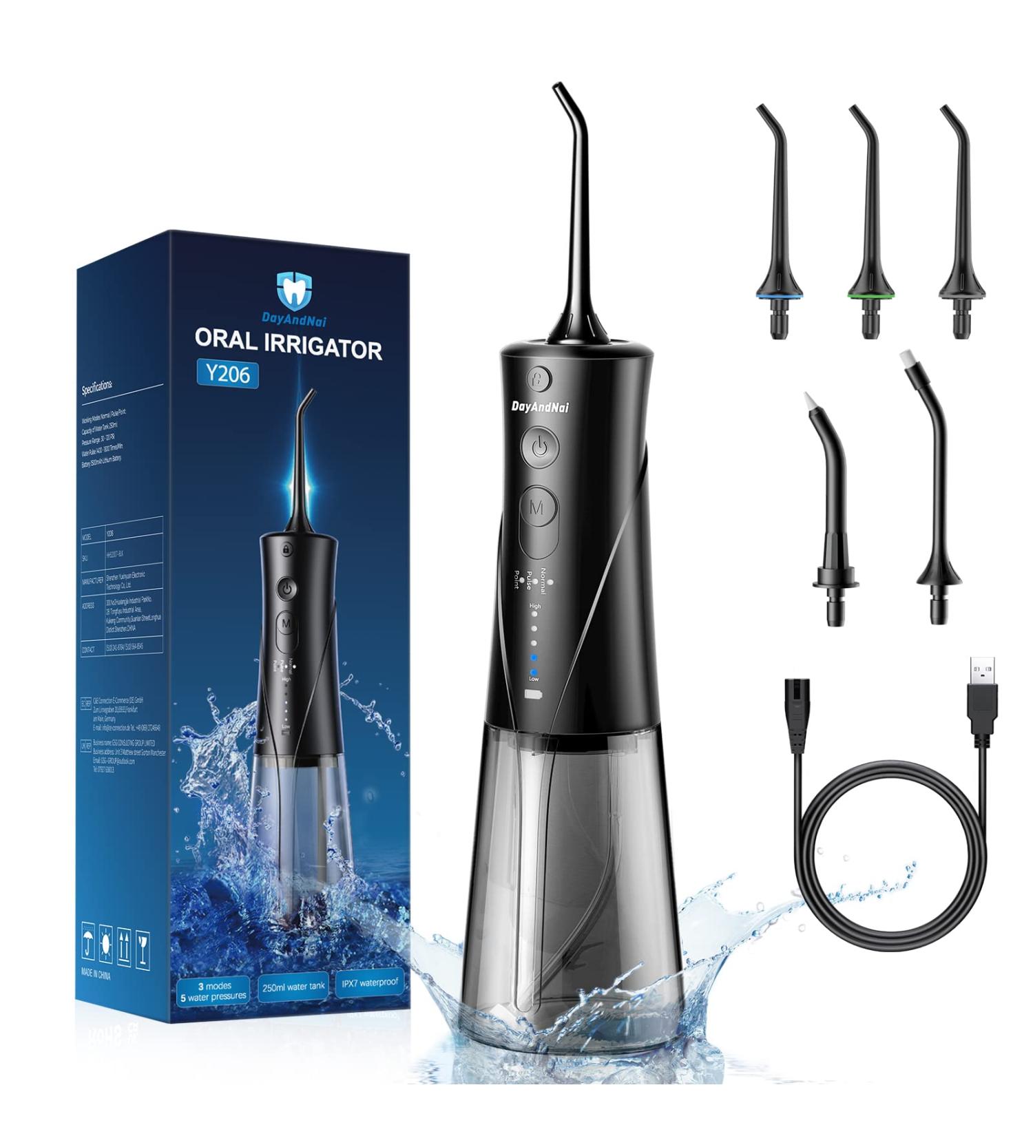 DayAndNai Professional Cordless Water Dental Flosser - Portable Oral Irrigator for Home & Travel - USB Rechargeable Teeth Cleaner with 5 Tips, 3 Modes - Waterproof & Ideal for Braces - Black - Buy Online on GoSupps.com