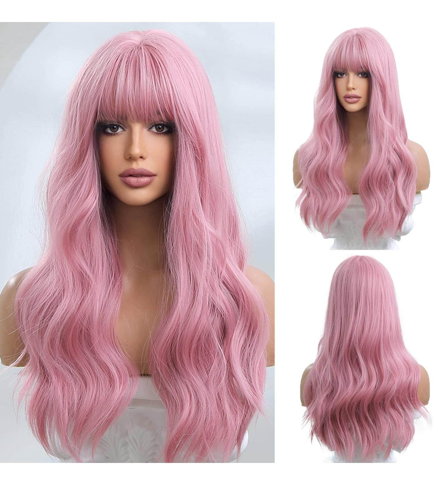 Oefei 24-Inch Long Wavy Pink Wig for Women - Natural Synthetic Heat-Resistant Hair for Daily Party & Cosplay Use - Buy Online on GoSupps.com