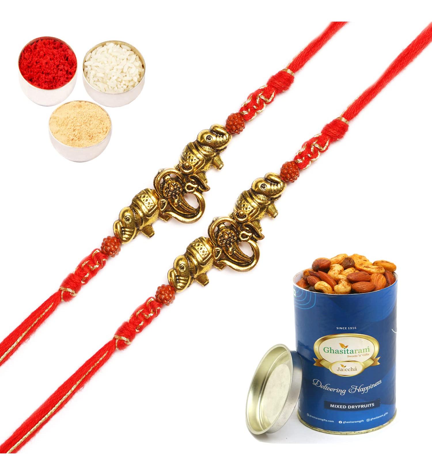 Ghasitaram Gifts Rakhi for Brother Rakhis Online - Set of 2 - LD-84 Om Ganesha Rakhi with 100 GMS of Dryfruits Mix Can 2 Rakhi with 100 gms of Dryfruits Mix Can - Buy Online on GoSupps.com