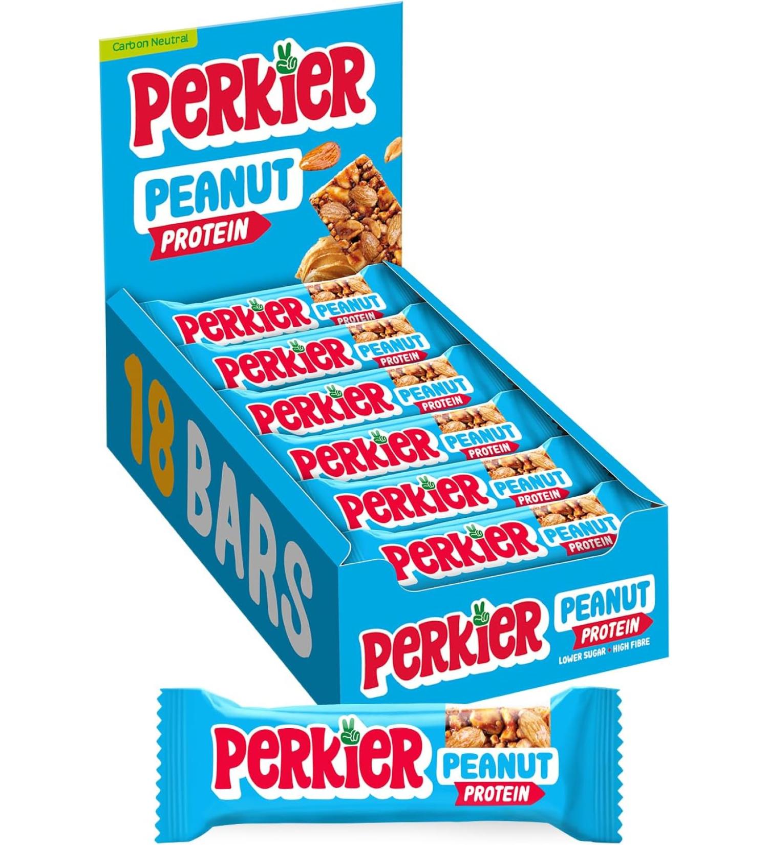 Perkier Crunchy Peanut Snack Bars (18 Pack) - Vegan, Gluten Free, High Protein & Fibre, Low Sugar, Natural Ingredients - Healthy, Lower Calorie Bars with No Palm Oil - 18 Count Pack - Buy Online on GoSupps.com